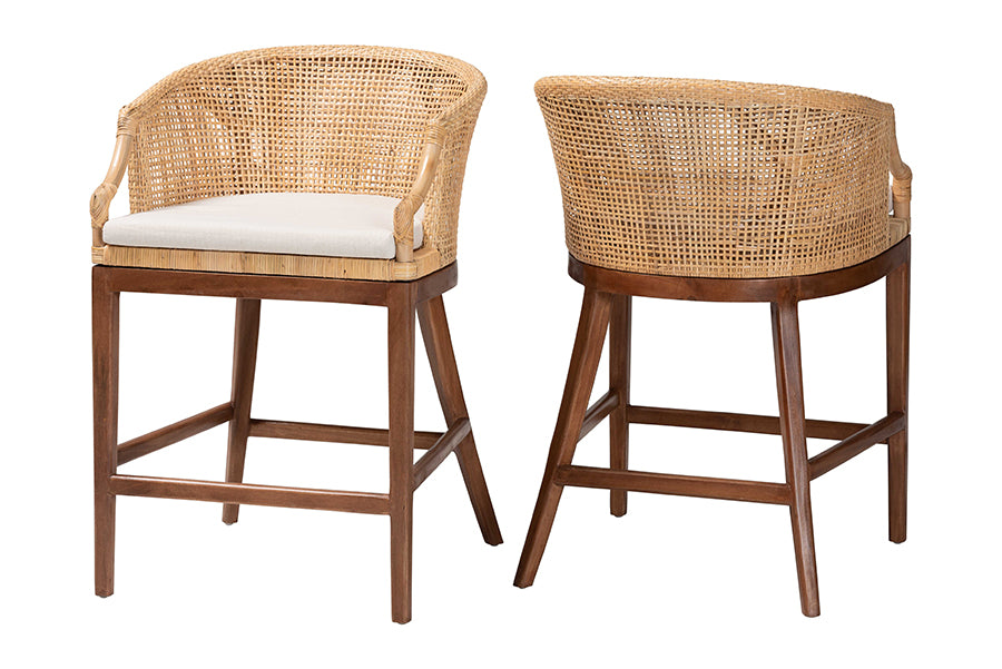 bali & pari Lumajang Bohemian Light Honey Rattan and Wood 2-Piece Counter Stool Set