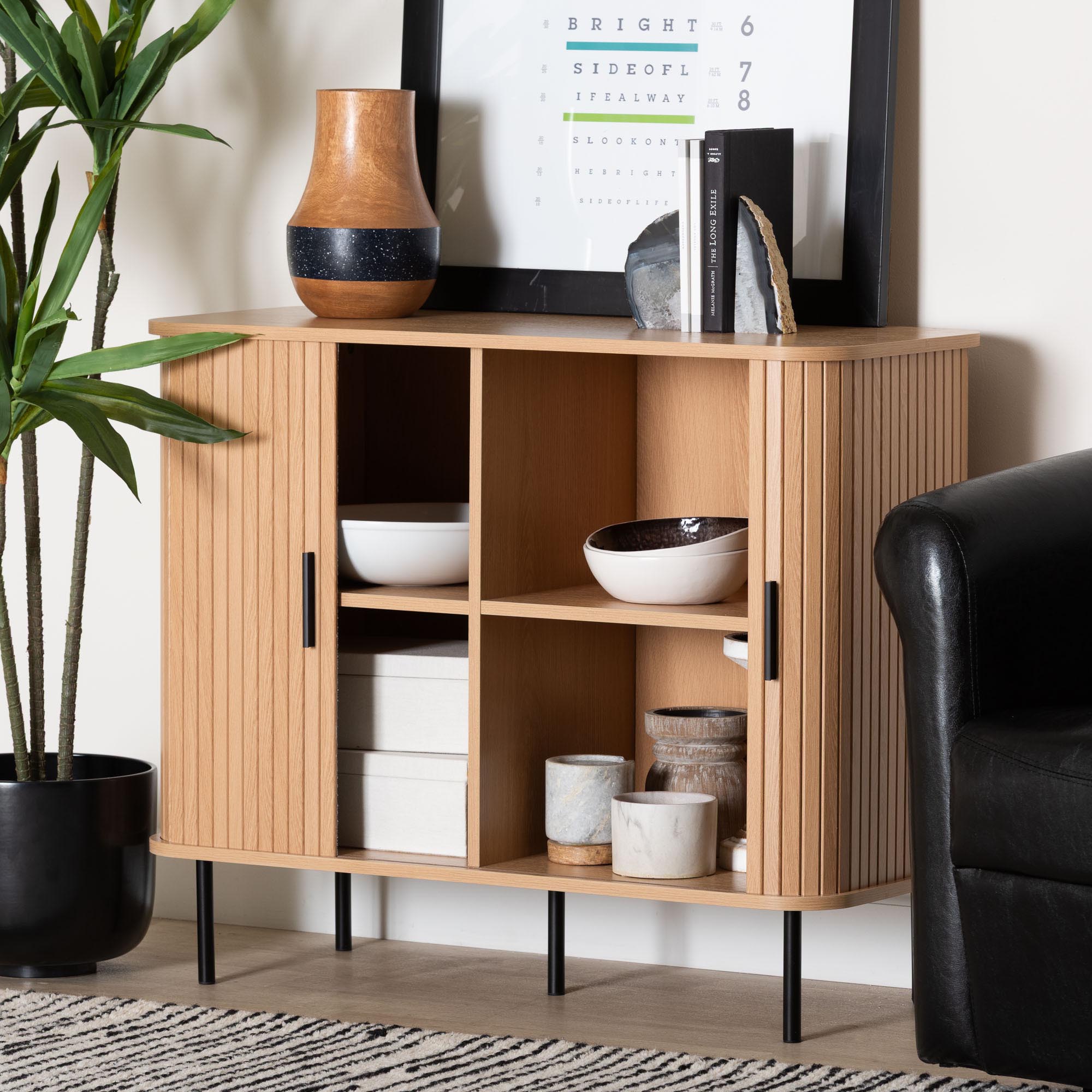 Lucia Fluted Wood Storage Cabinet - Mid-Century Modern Sideboard with Sliding Tambour Doors, 35" Wide
