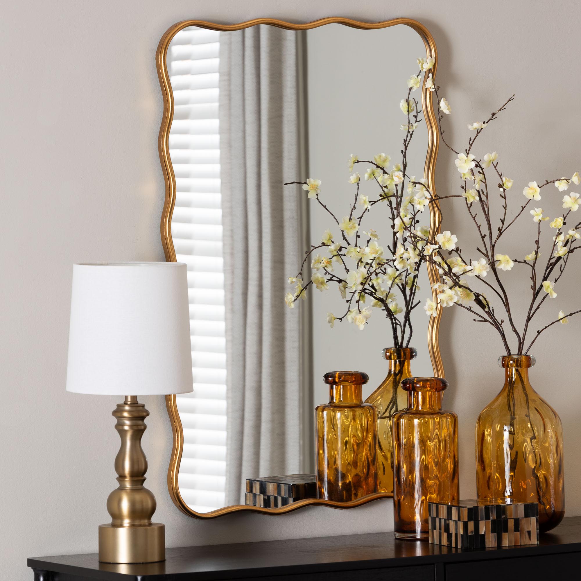 Cassara Scalloped Rectangular Wall Mirror - Stylish Curved Edge Decorative Accent for Living Room, Bedroom, or Entryway