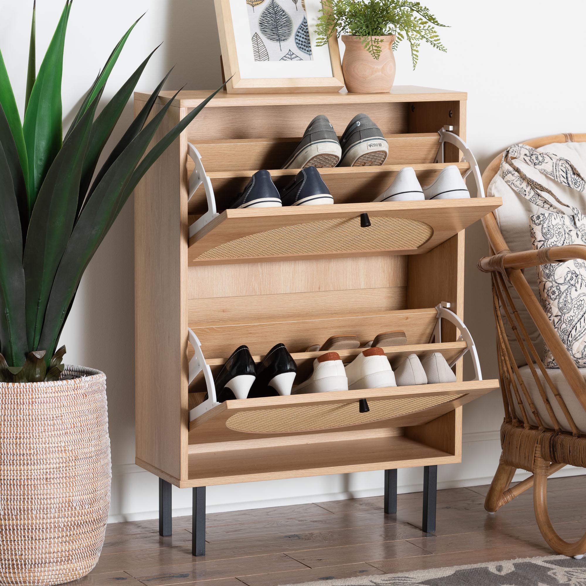 Remus Wood Shoe Cabinet - 12-Pair Shoe Storage Organizer with 2 Flip Doors, Boho-Chic Compact Hallway or Entryway Furniture