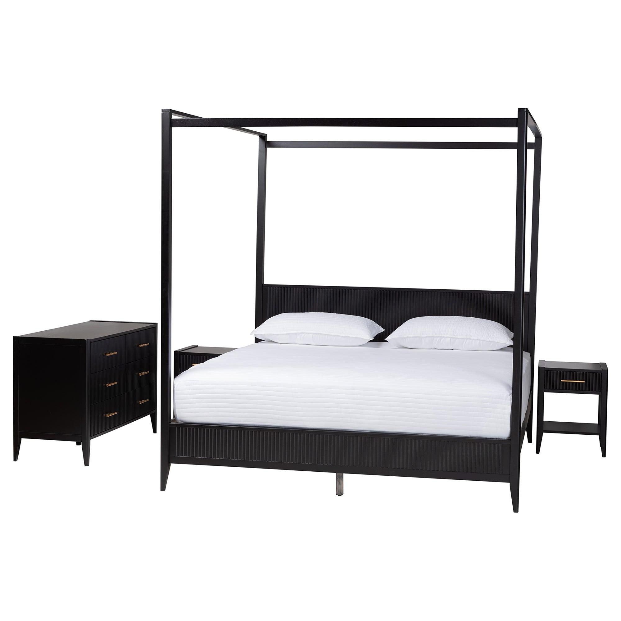 Primrose Mid-Century Fluted Wood 4-Piece Canopy Bedroom Set