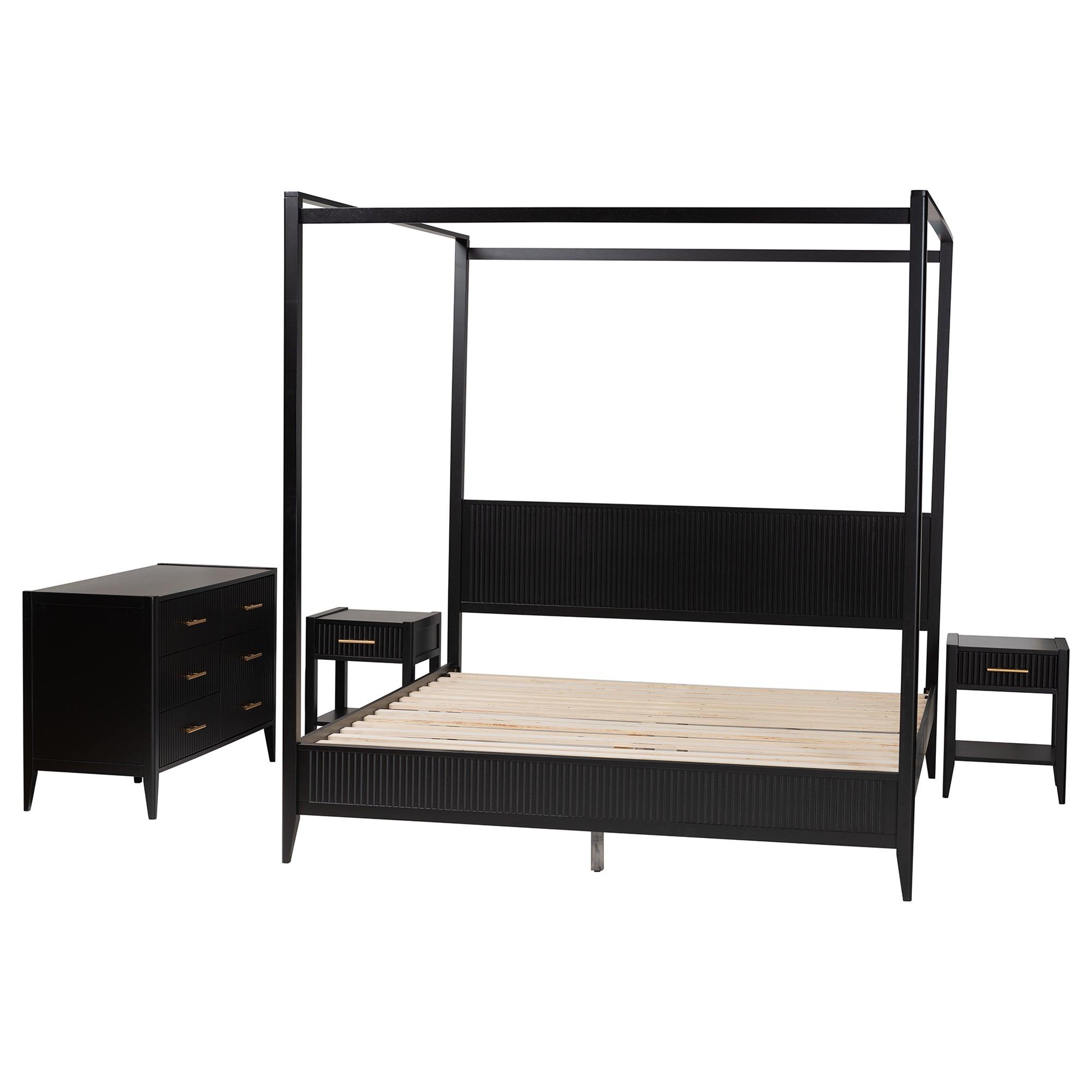 Primrose Mid-Century Fluted Wood 4-Piece Canopy Bedroom Set
