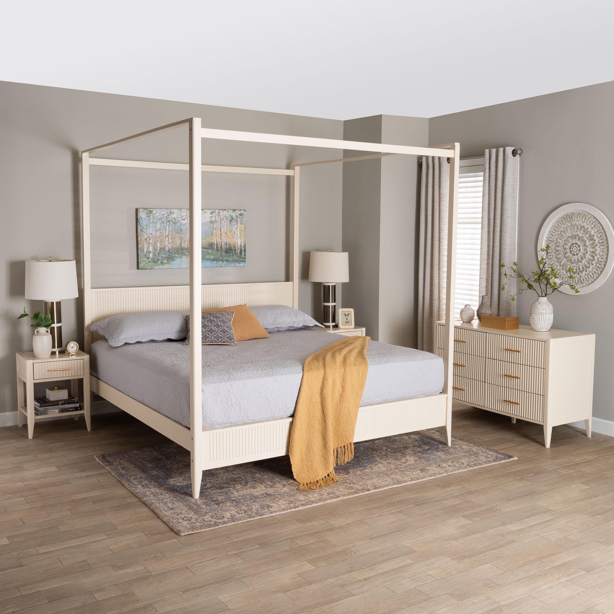 Primrose Mid-Century Fluted Wood 4-Piece Canopy Bedroom Set