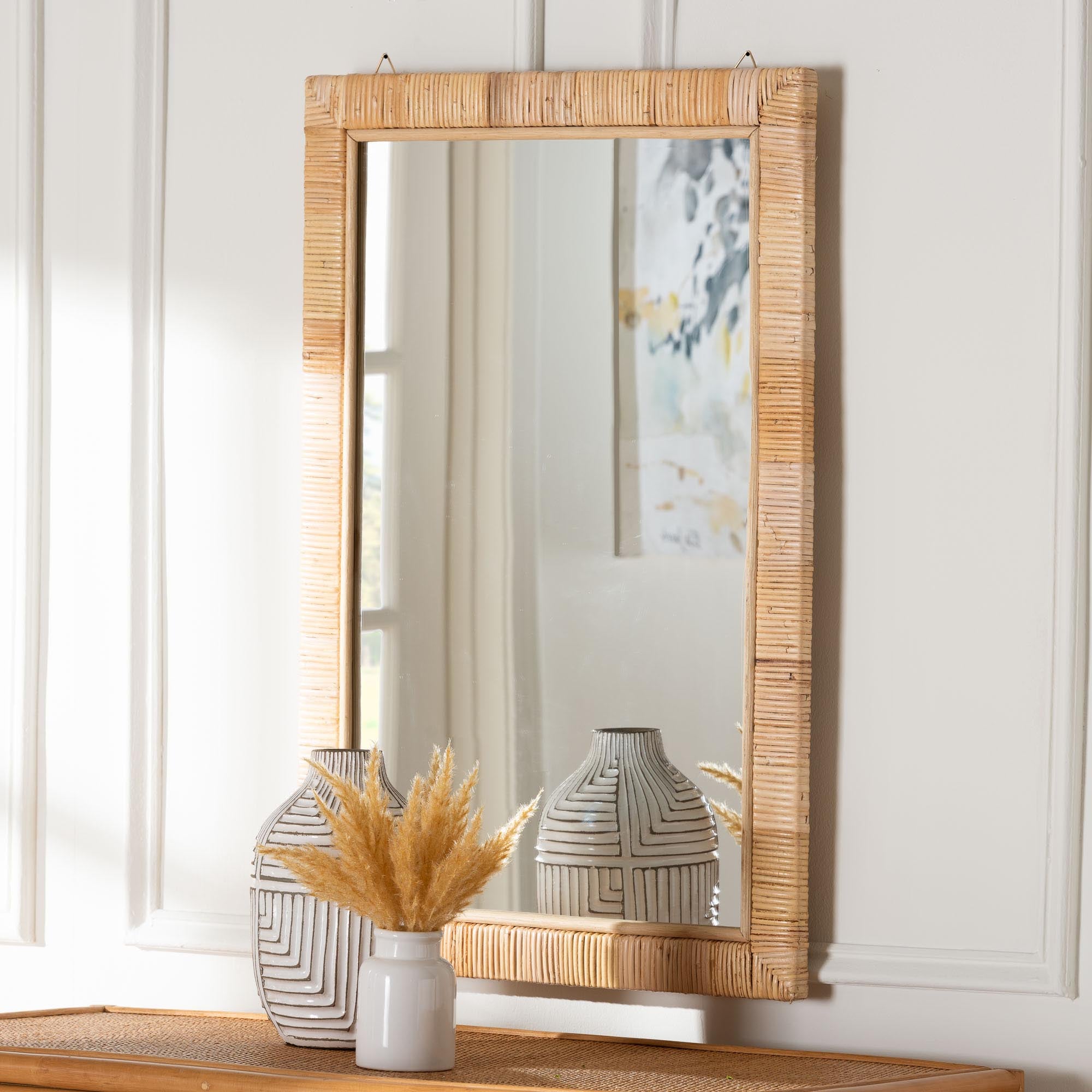 bali & pari Lankston Bohemian Rattan Rectangle Accent Wall Mirror