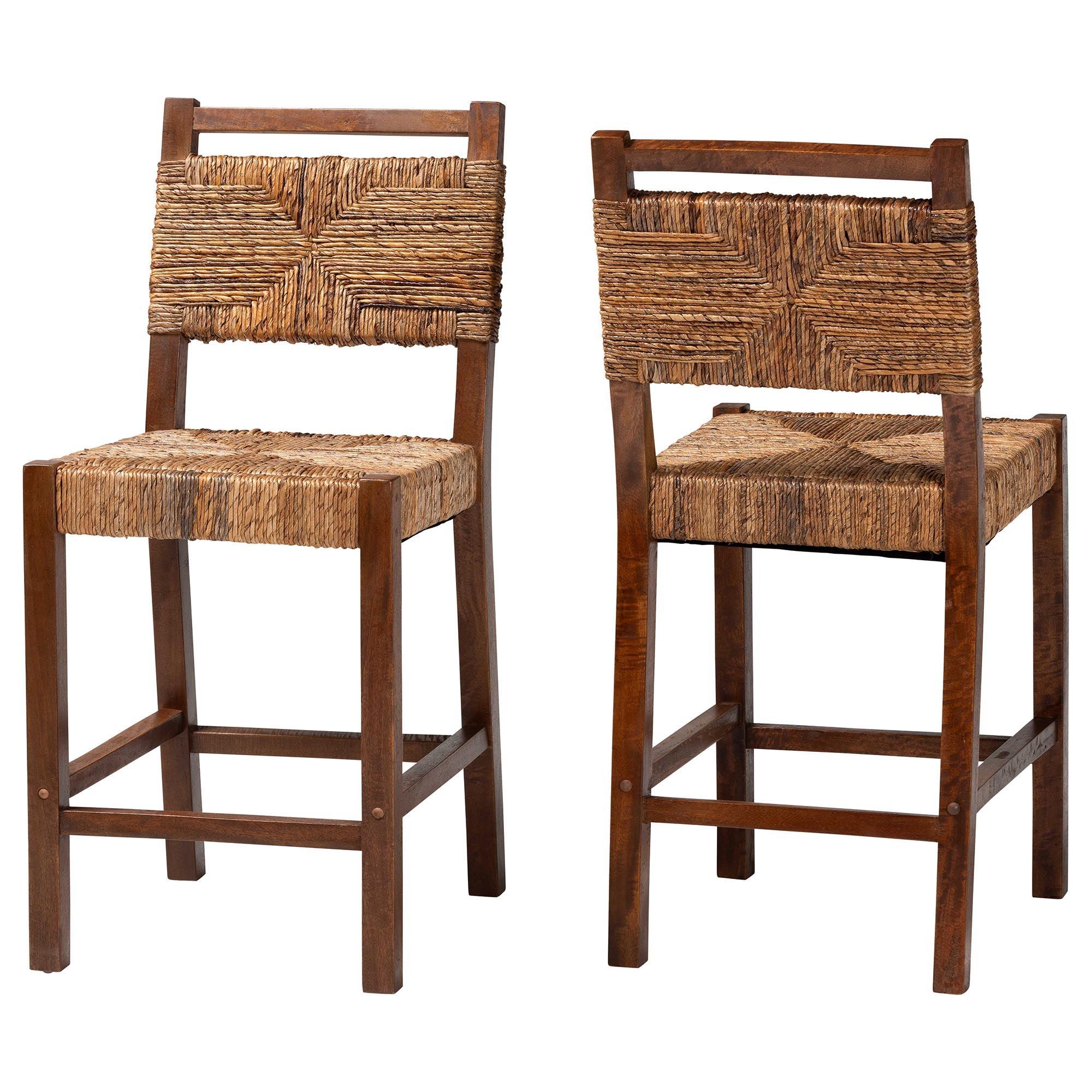bali & pari Cordoba Bohemian Seagrass and Mahogany Wood 2-Piece Counter Stool Set