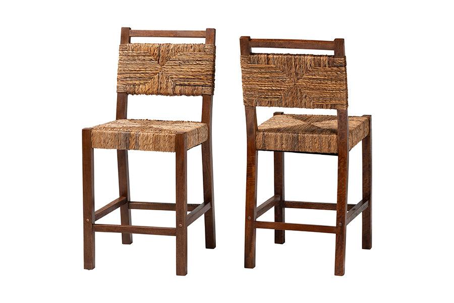bali & pari Cordoba Bohemian Seagrass and Mahogany Wood 2-Piece Counter Stool Set