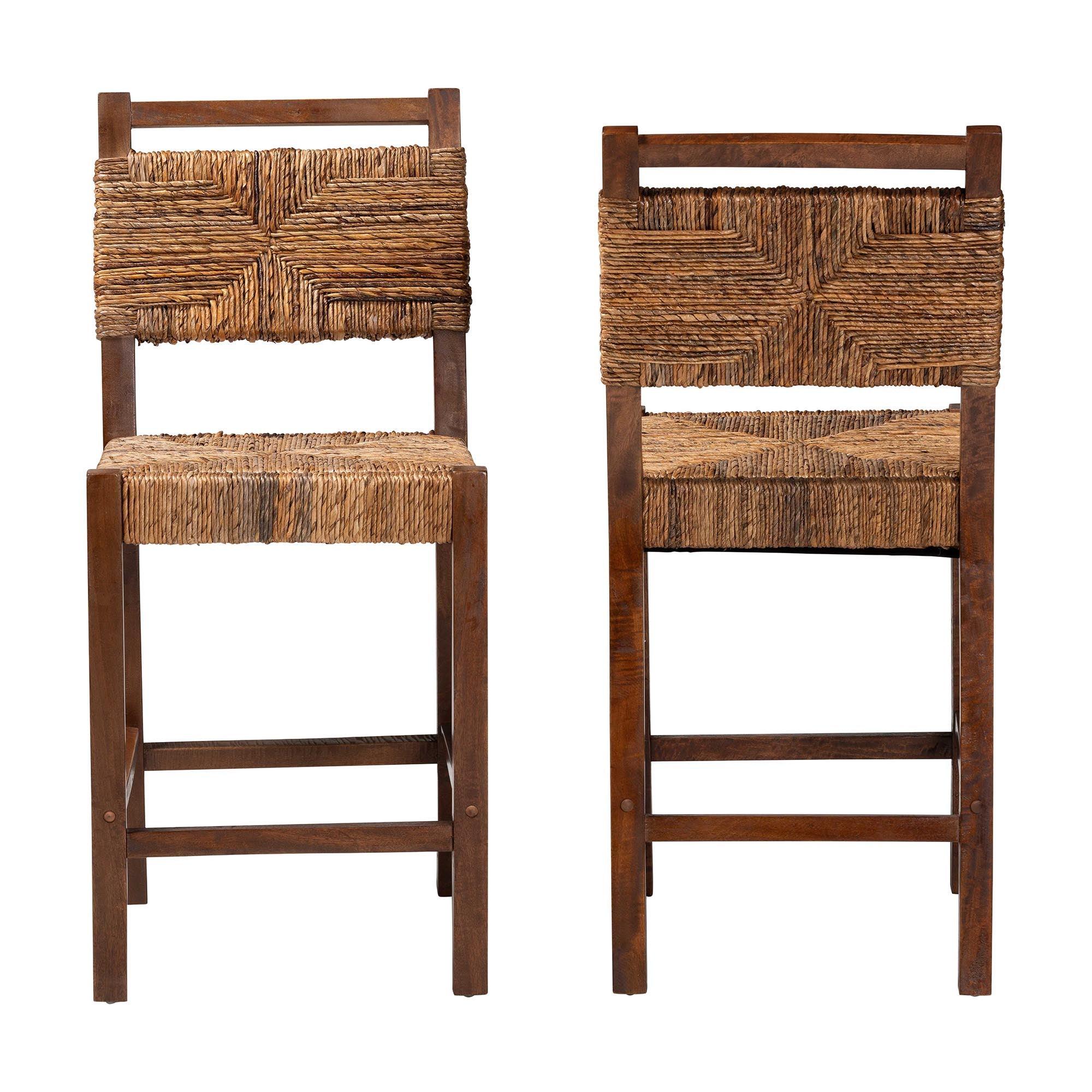 bali & pari Cordoba Bohemian Seagrass and Mahogany Wood 2-Piece Counter Stool Set