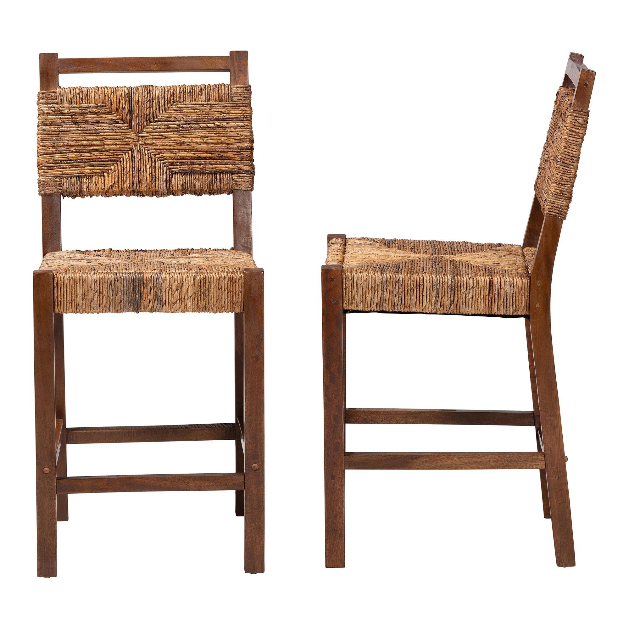 bali & pari Cordoba Bohemian Seagrass and Mahogany Wood 2-Piece Counter Stool Set