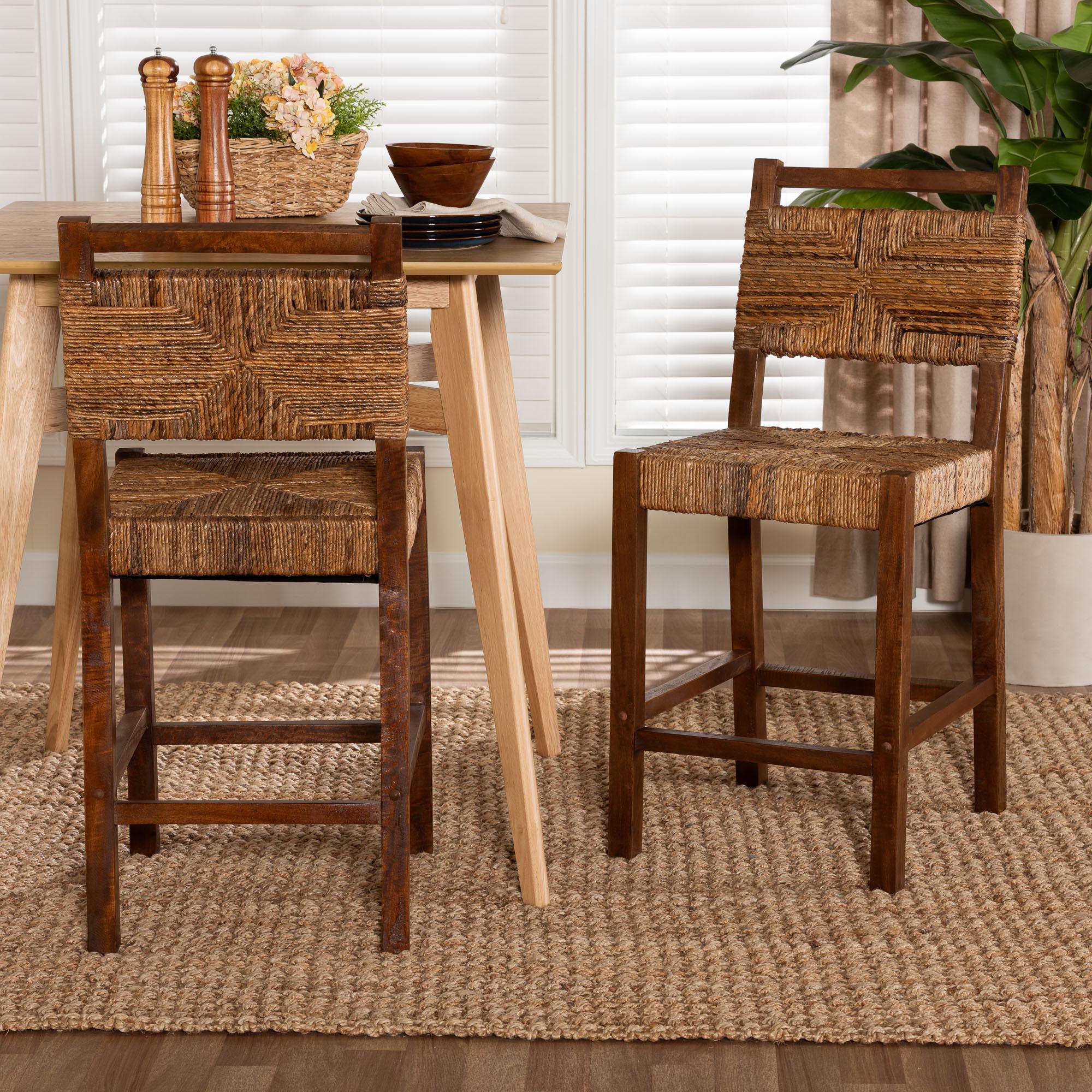 bali & pari Cordoba Bohemian Seagrass and Mahogany Wood 2-Piece Counter Stool Set