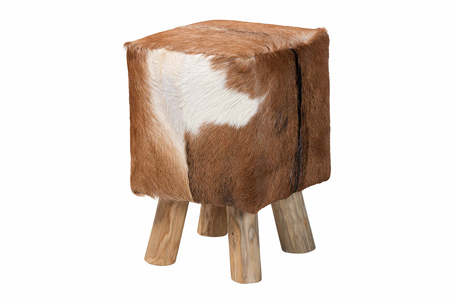 bali & pari Scotlyn Genuine Goat Leather Footstool with Teak Wood Legs - Rustic Boho Accent Seat with Hide Upholstery, Handmade Decorative Footrest for Living Room or Bedroom