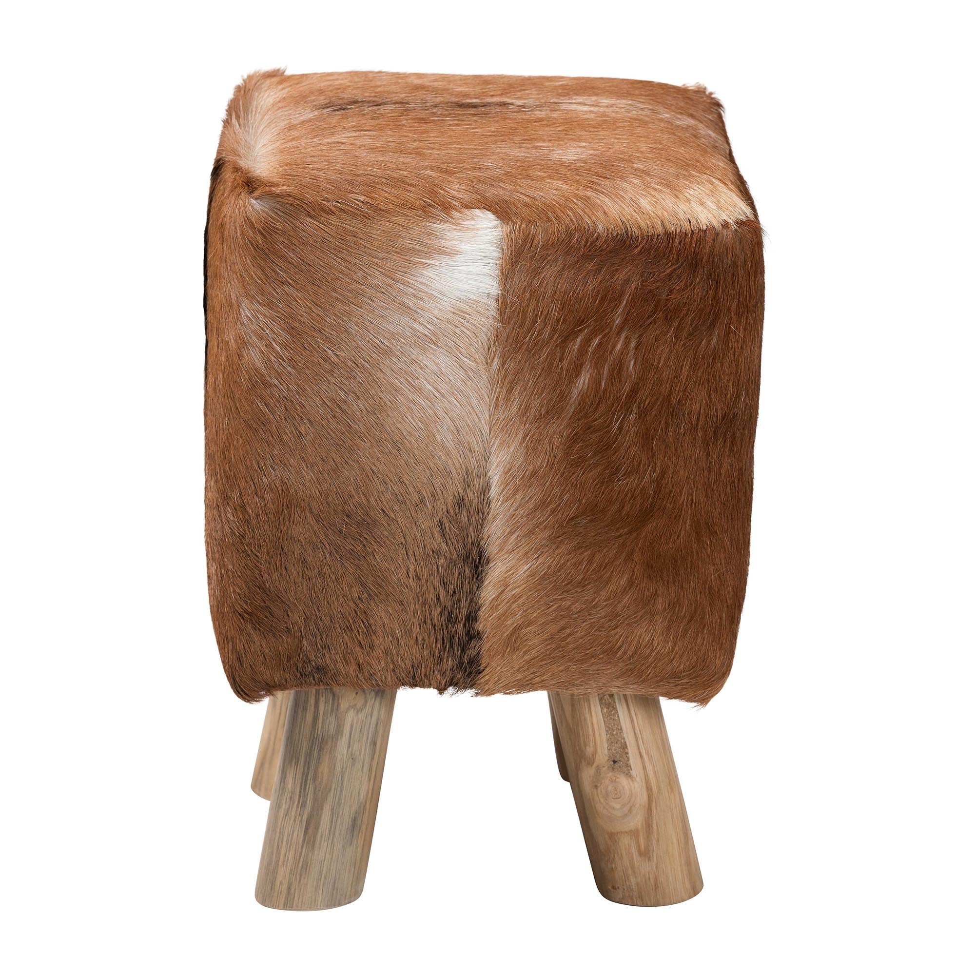 bali & pari Scotlyn Genuine Goat Leather Footstool with Teak Wood Legs - Rustic Boho Accent Seat with Hide Upholstery, Handmade Decorative Footrest for Living Room or Bedroom