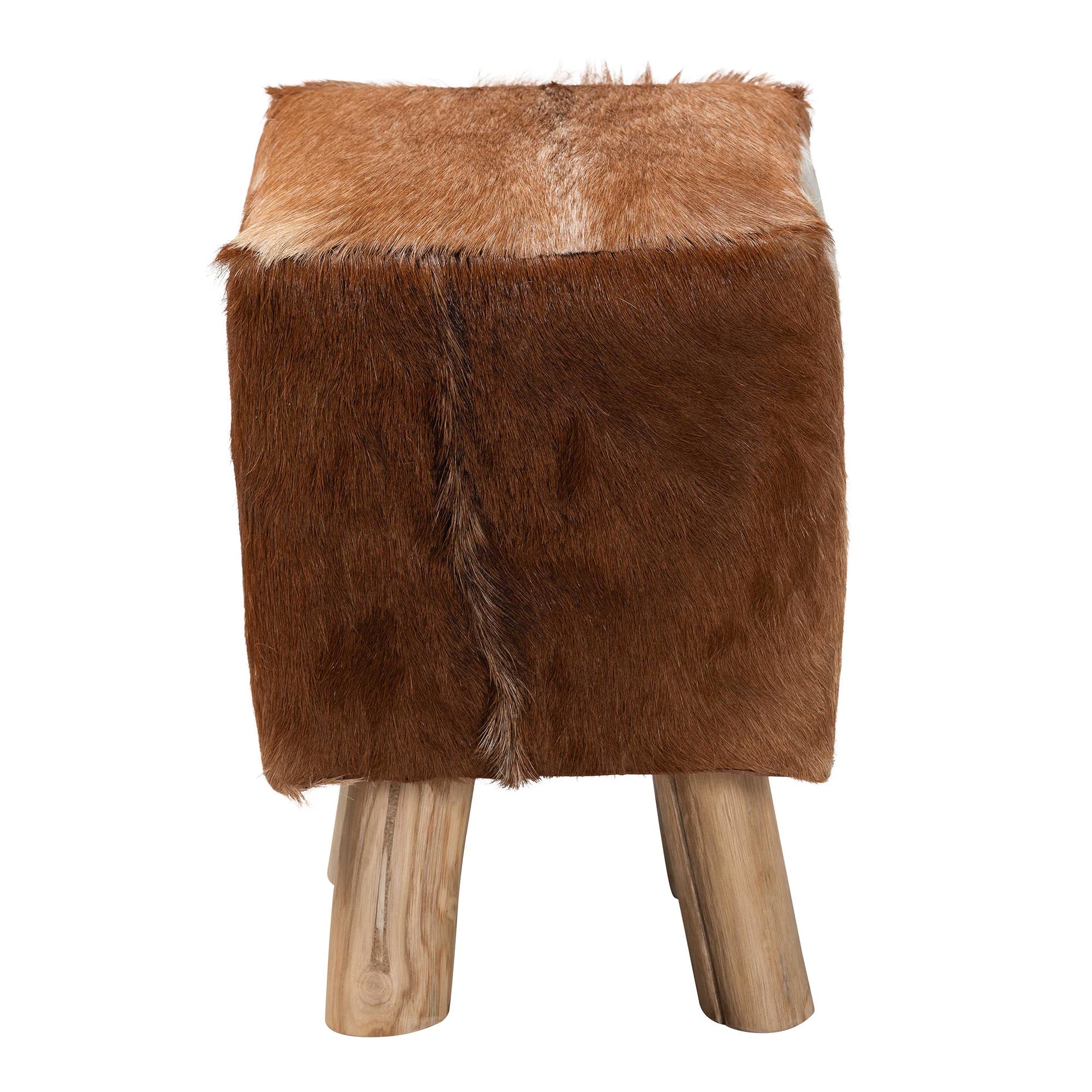 bali & pari Scotlyn Genuine Goat Leather Footstool with Teak Wood Legs - Rustic Boho Accent Seat with Hide Upholstery, Handmade Decorative Footrest for Living Room or Bedroom