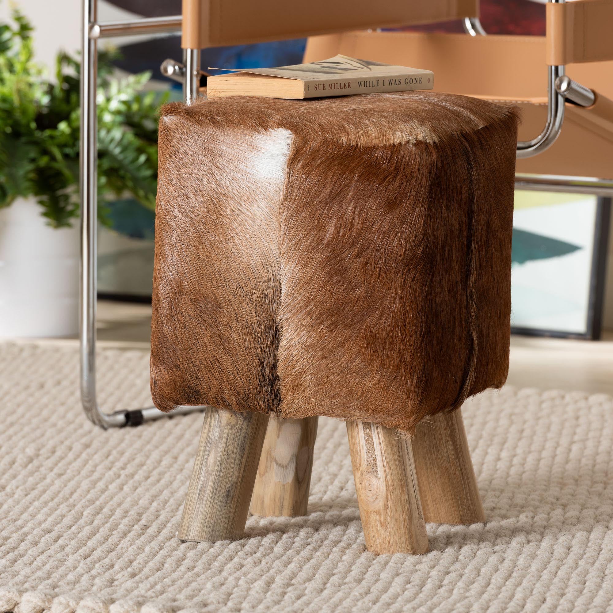 bali & pari Scotlyn Genuine Goat Leather Footstool with Teak Wood Legs - Rustic Boho Accent Seat with Hide Upholstery, Handmade Decorative Footrest for Living Room or Bedroom