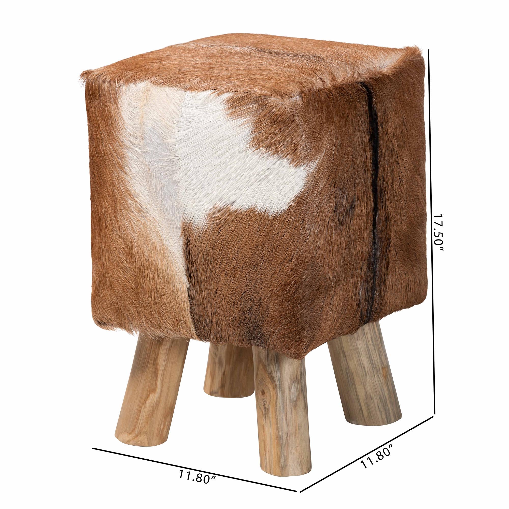 bali & pari Scotlyn Genuine Goat Leather Footstool with Teak Wood Legs - Rustic Boho Accent Seat with Hide Upholstery, Handmade Decorative Footrest for Living Room or Bedroom