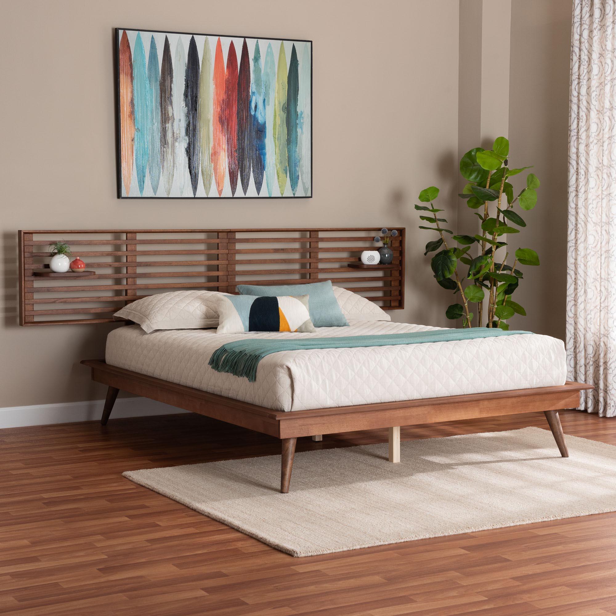 Elvina Mid-Century Transitional Ash Wood Platform Bed with Built-In Shelves