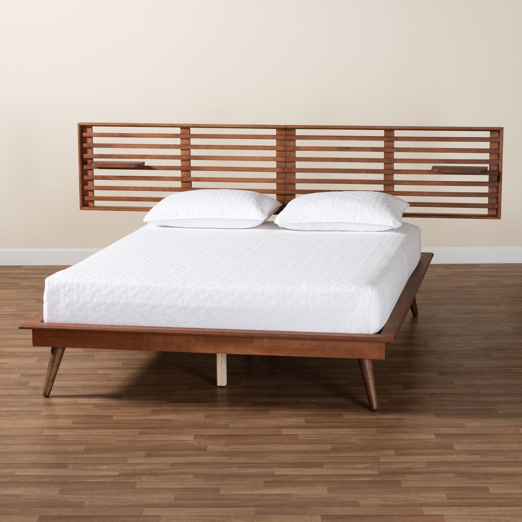 Elvina Mid-Century Transitional Ash Wood Platform Bed with Built-In Shelves
