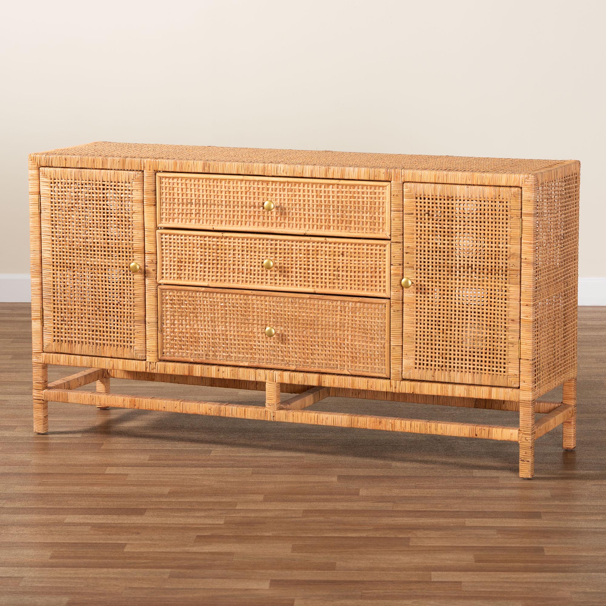 bali & pari Vivan Bohemian Honey Rattan and Mahogany Wood 3-Drawer Storage Cabinet