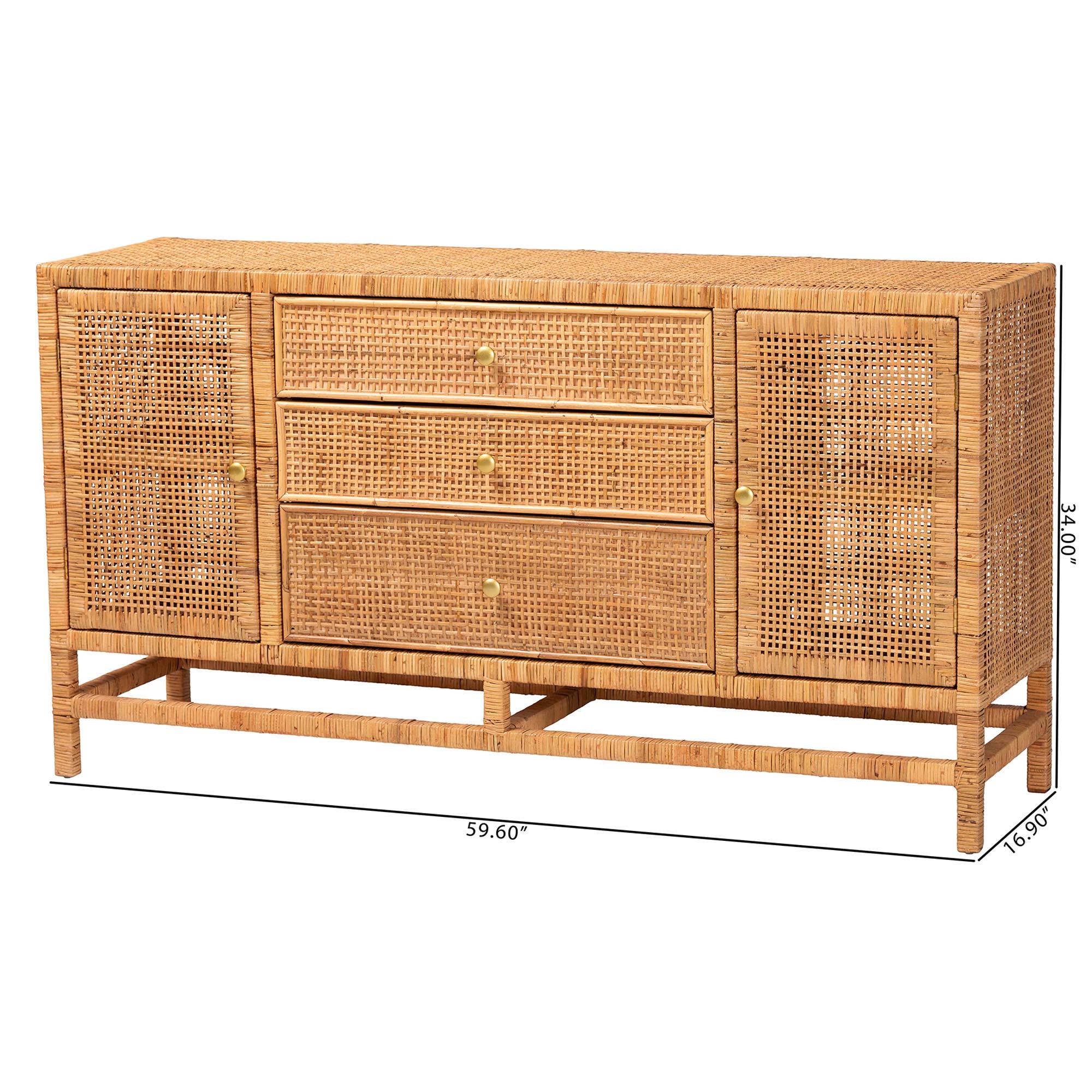 bali & pari Vivan Bohemian Honey Rattan and Mahogany Wood 3-Drawer Storage Cabinet