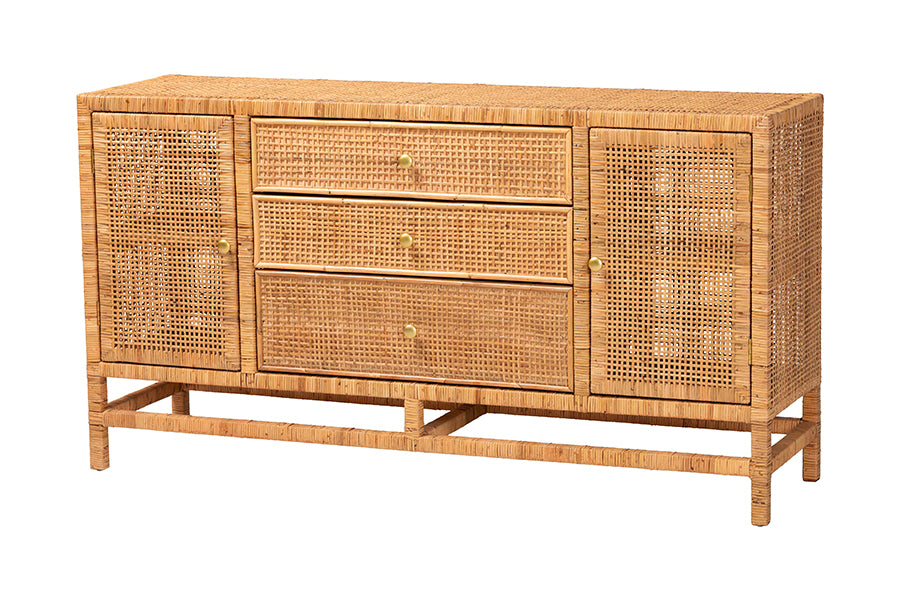 bali & pari Vivan Bohemian Honey Rattan and Mahogany Wood 3-Drawer Storage Cabinet