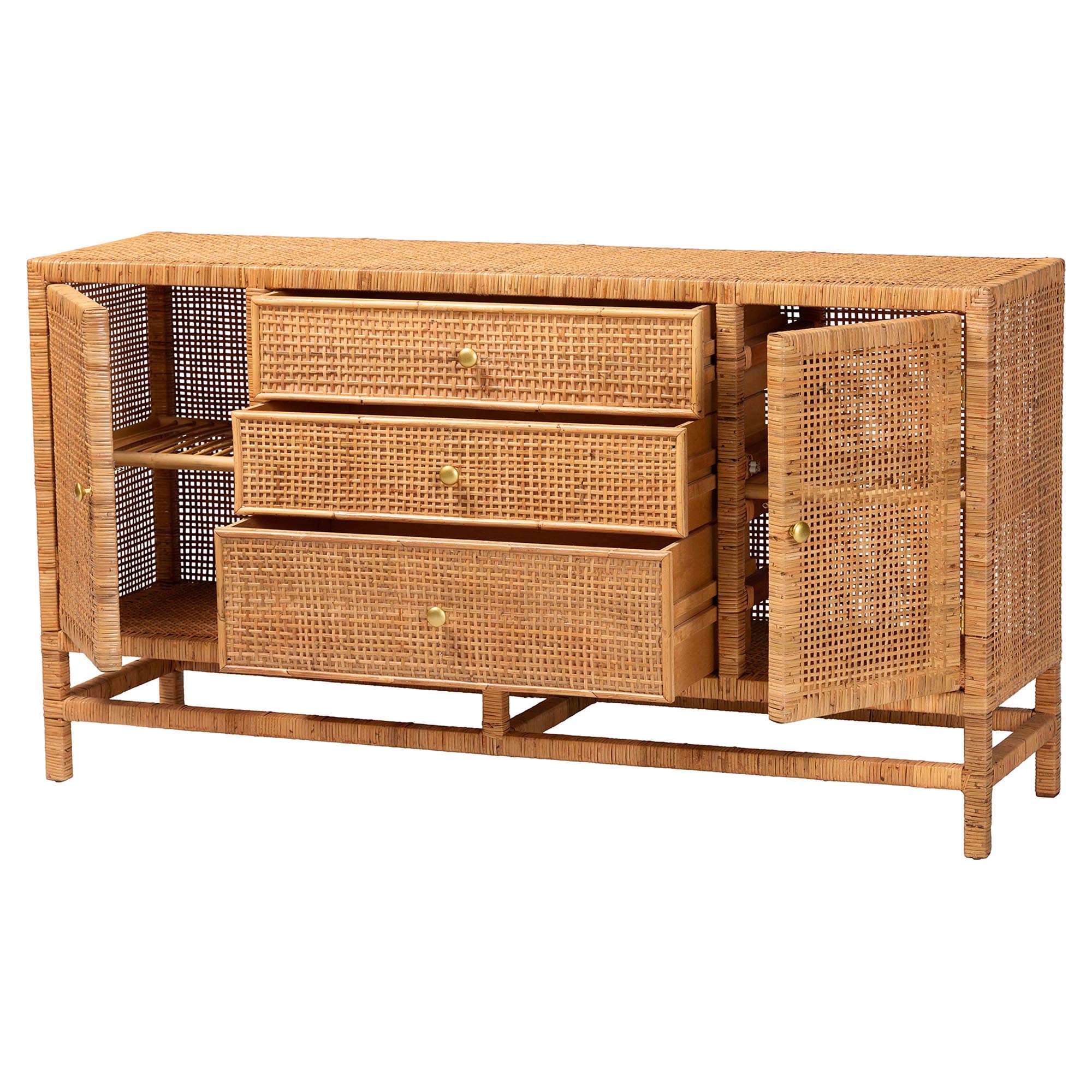 bali & pari Vivan Bohemian Honey Rattan and Mahogany Wood 3-Drawer Storage Cabinet