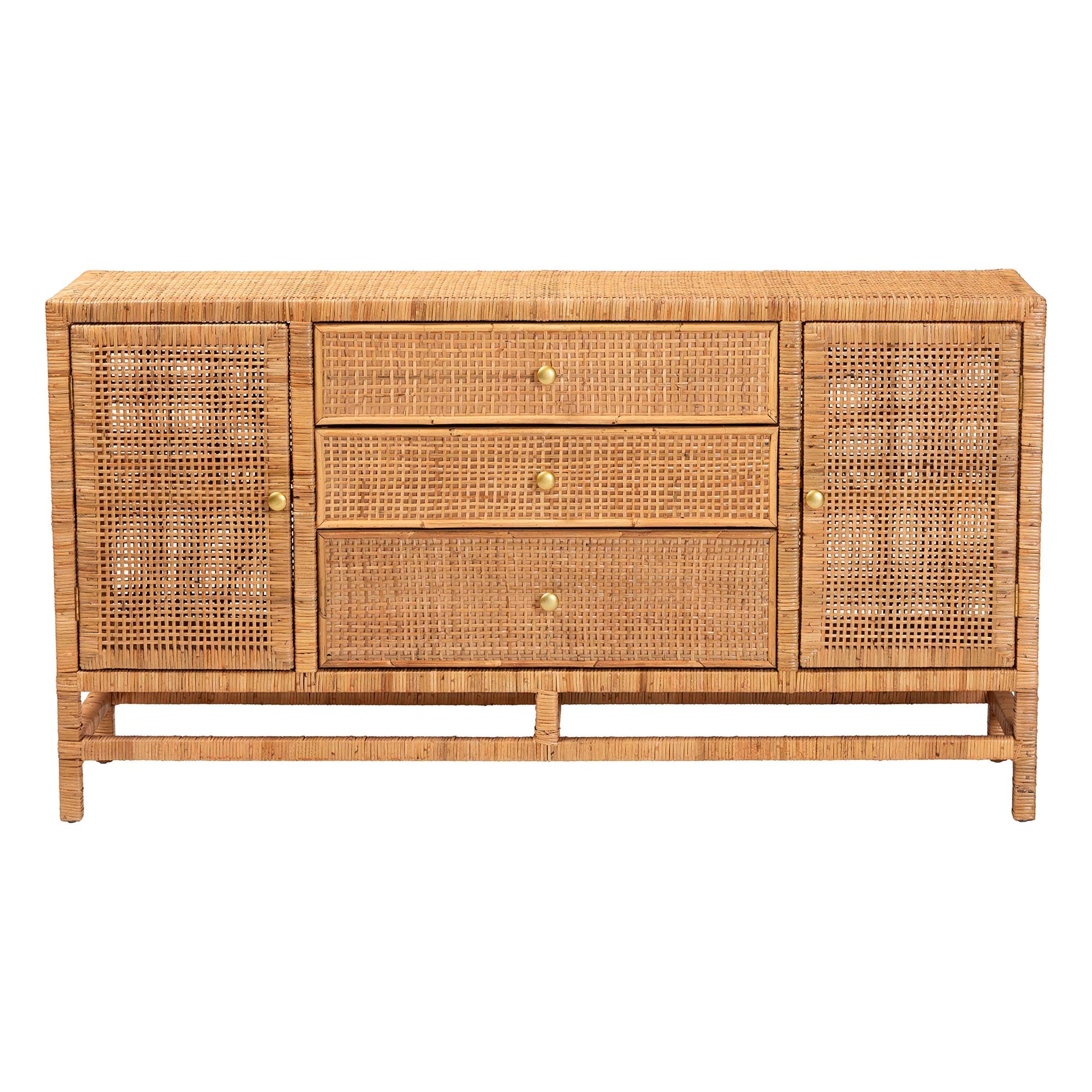 bali & pari Vivan Bohemian Honey Rattan and Mahogany Wood 3-Drawer Storage Cabinet
