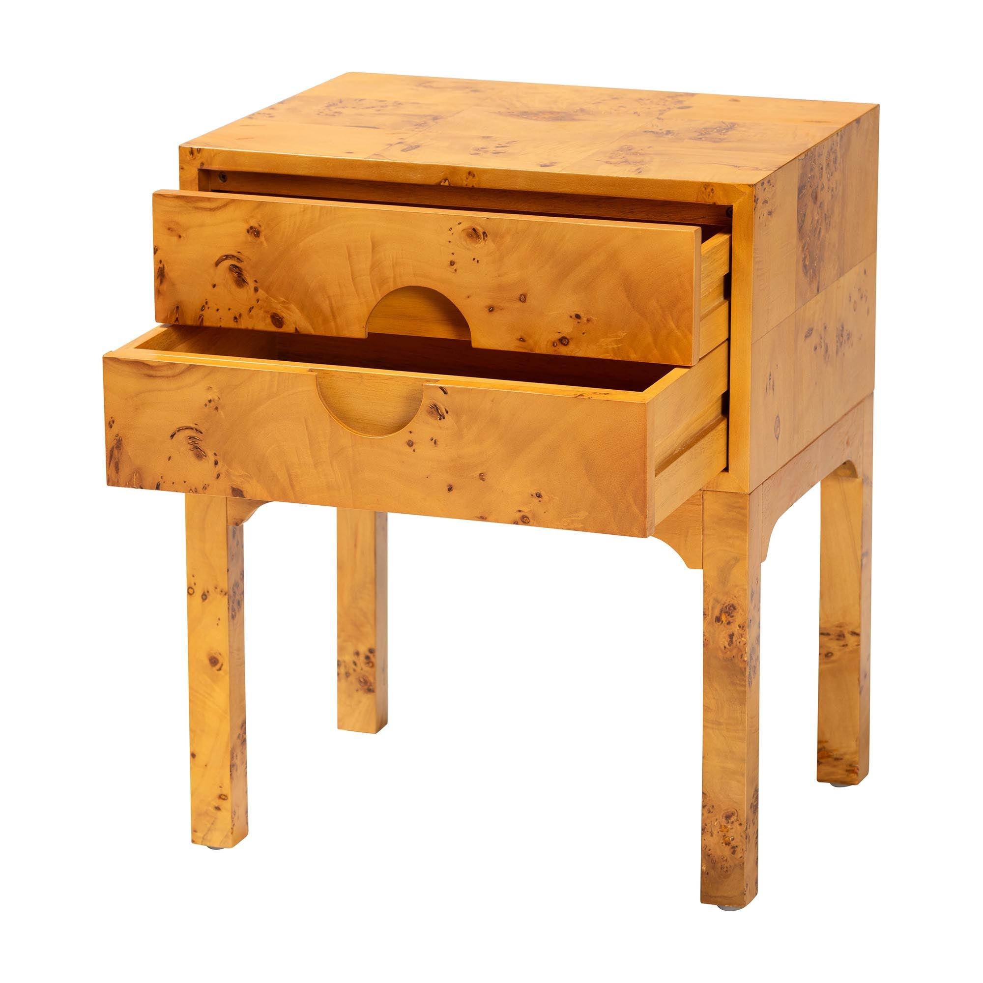 bali & pari Kayla Modern and Contemporary Light Mappa Real Burl Wood 2-Drawer Nightstand