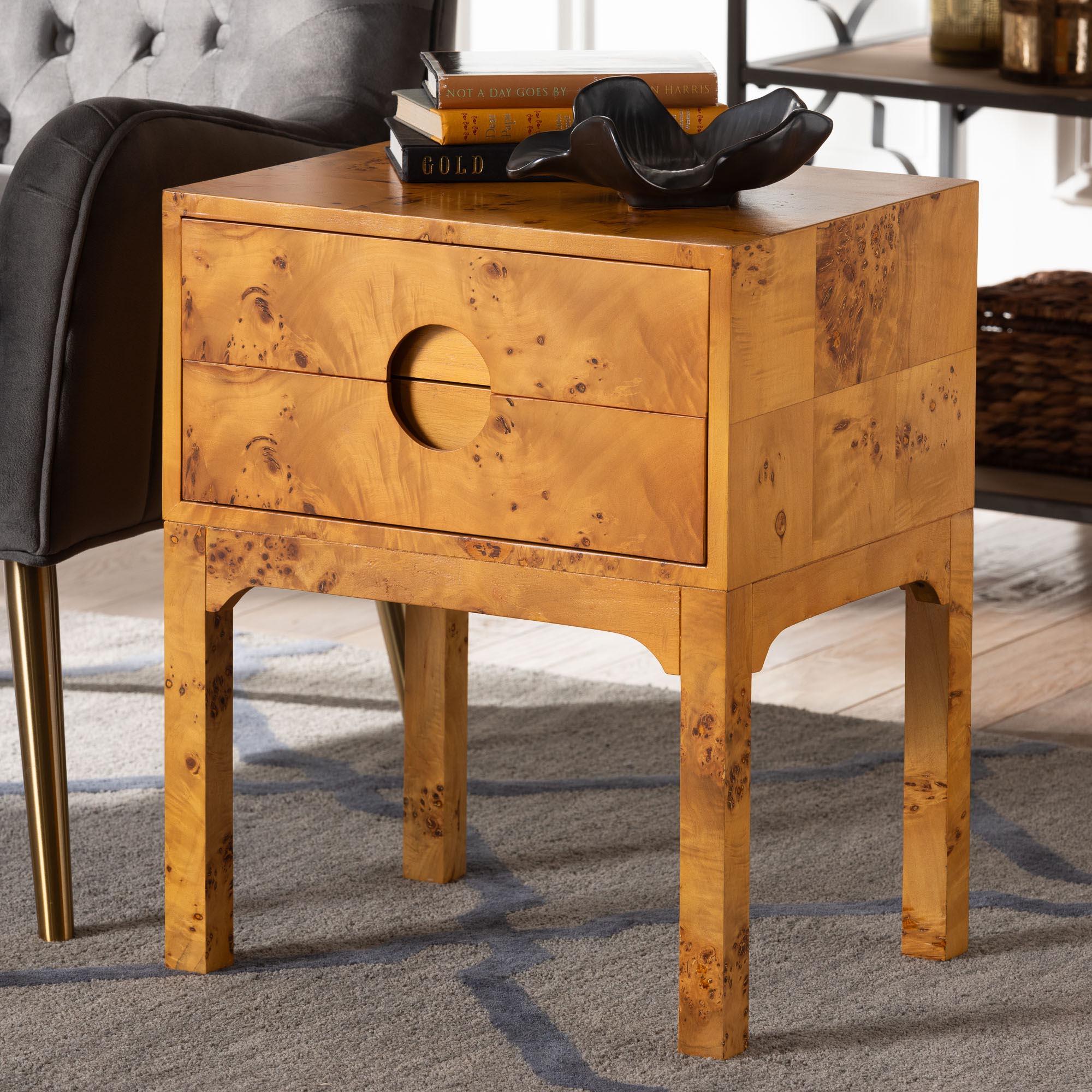 bali & pari Kayla Modern and Contemporary Light Mappa Real Burl Wood 2-Drawer Nightstand