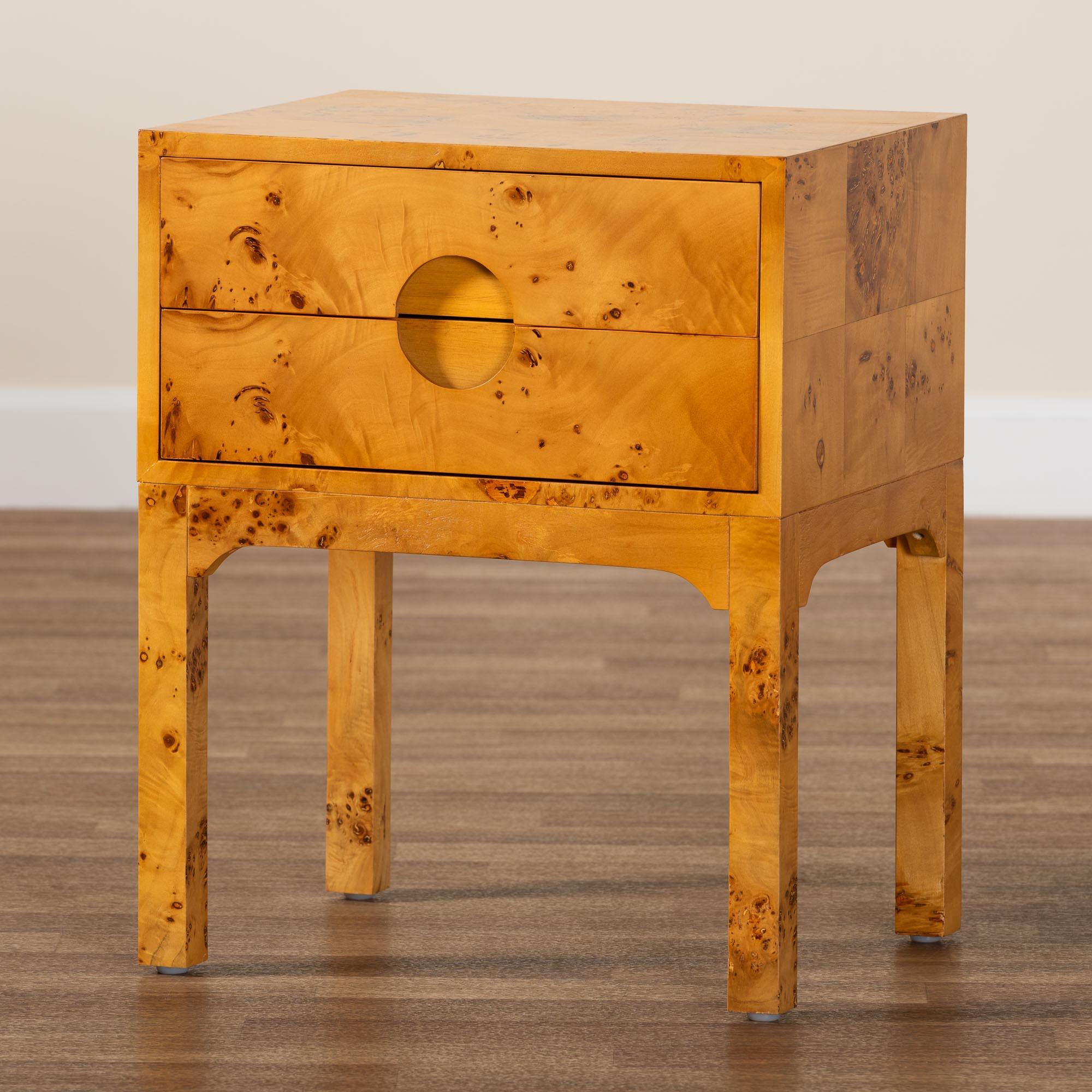 bali & pari Kayla Modern and Contemporary Light Mappa Real Burl Wood 2-Drawer Nightstand