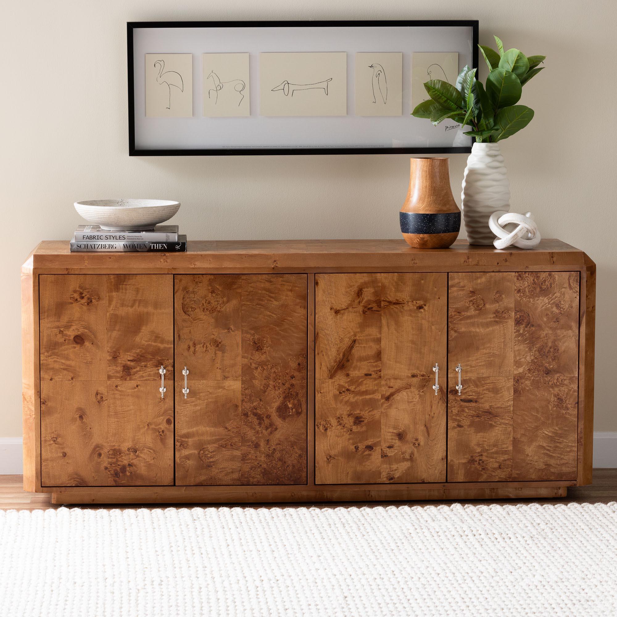 bali & pari Valora Modern and Contemporary Mappa Real Burl Wood 4-Door Sideboard Buffet