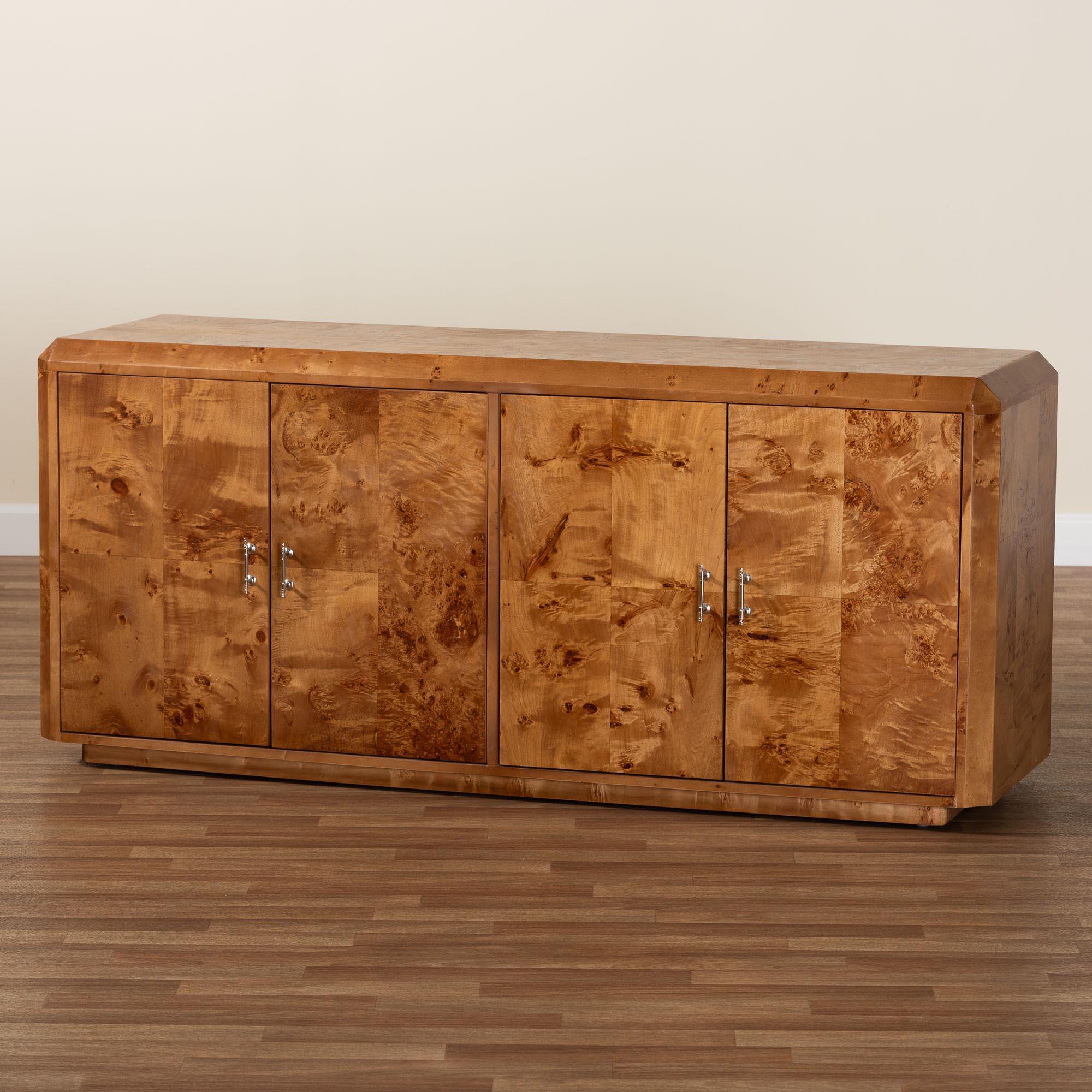 bali & pari Valora Modern and Contemporary Mappa Real Burl Wood 4-Door Sideboard Buffet