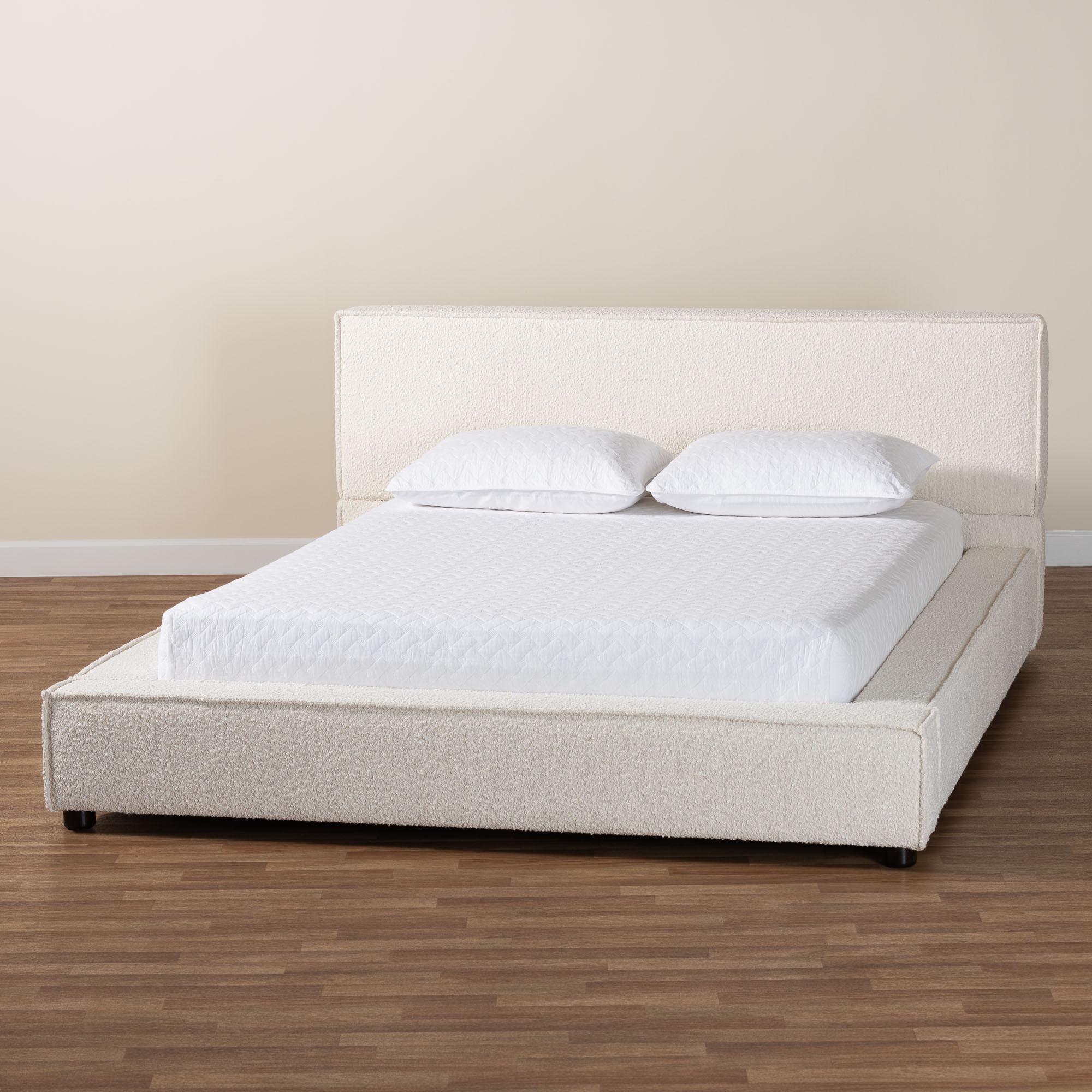 Bardia Modern Cream Boucle Platform Bed with Wide Railing