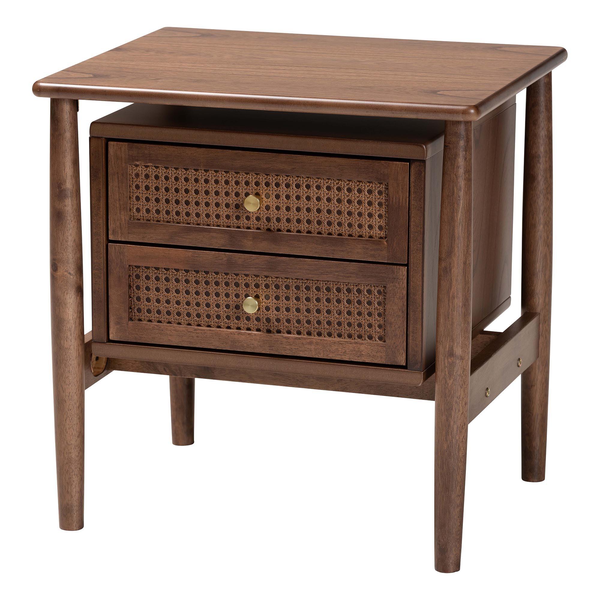 Alyssa Japandi Wood 2-Drawer Nightstand Woven with Rattan