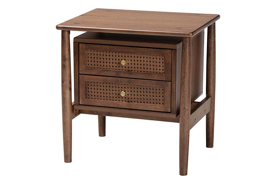 Alyssa Japandi Wood 2-Drawer Nightstand Woven with Rattan