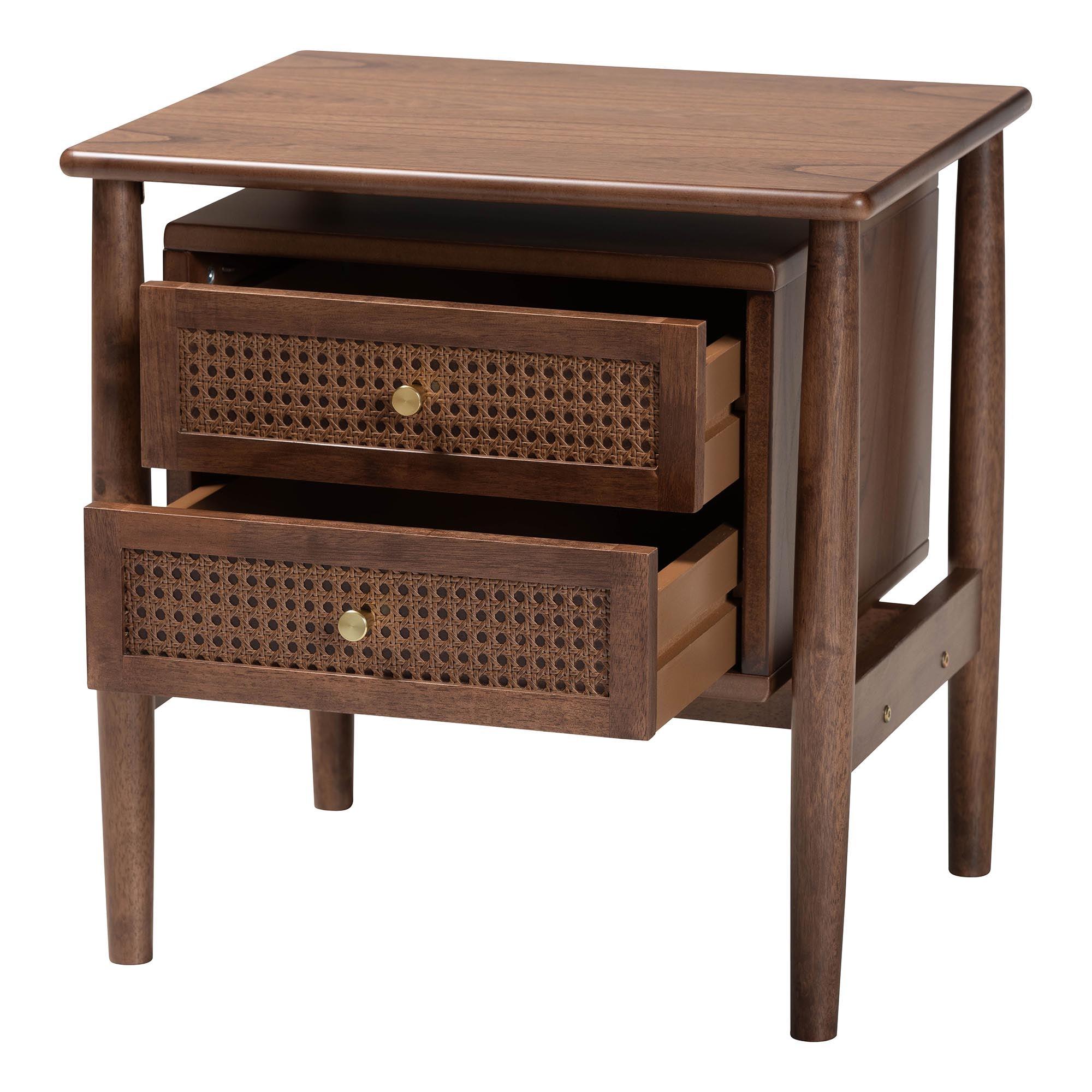 Alyssa Japandi Wood 2-Drawer Nightstand Woven with Rattan