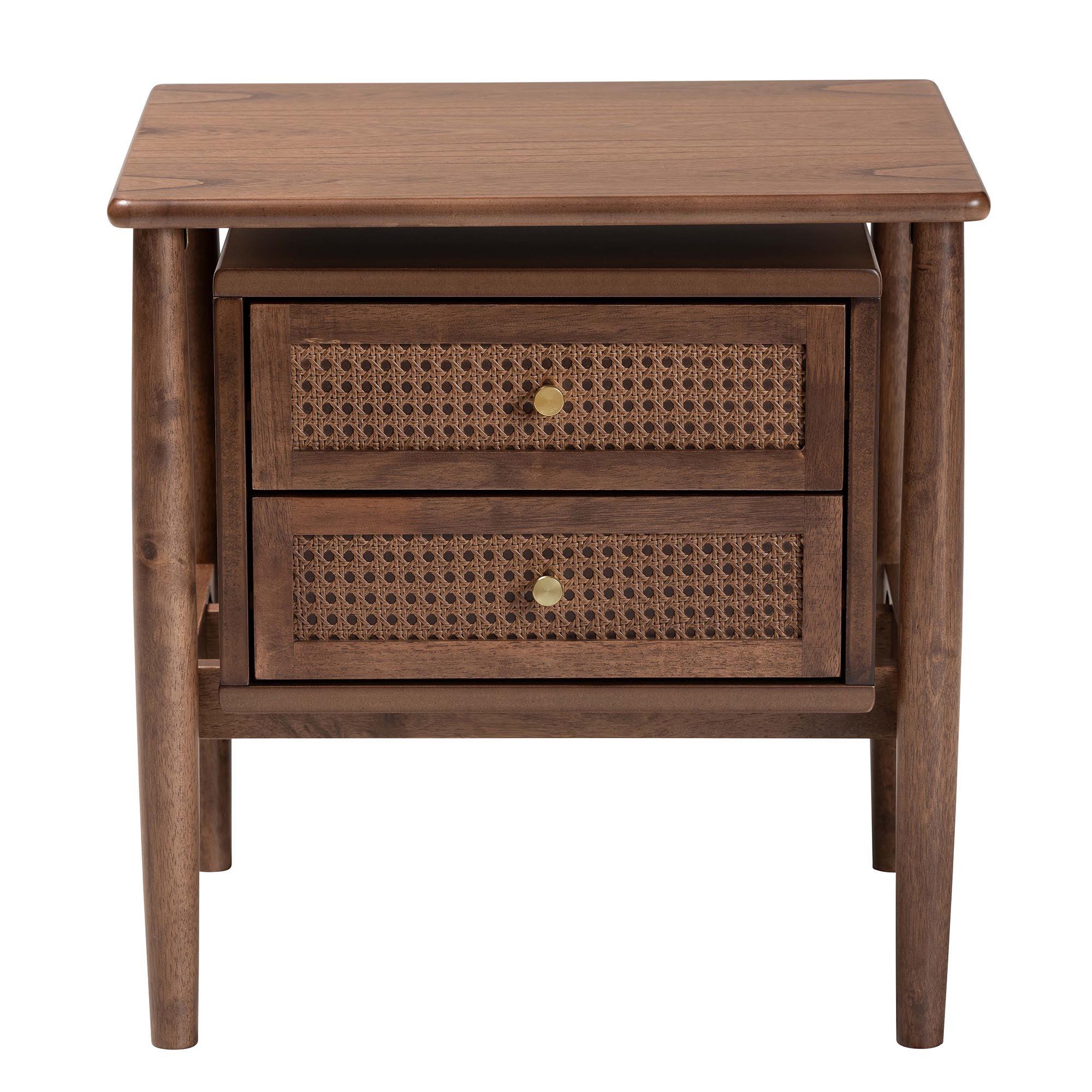 Alyssa Japandi Wood 2-Drawer Nightstand Woven with Rattan