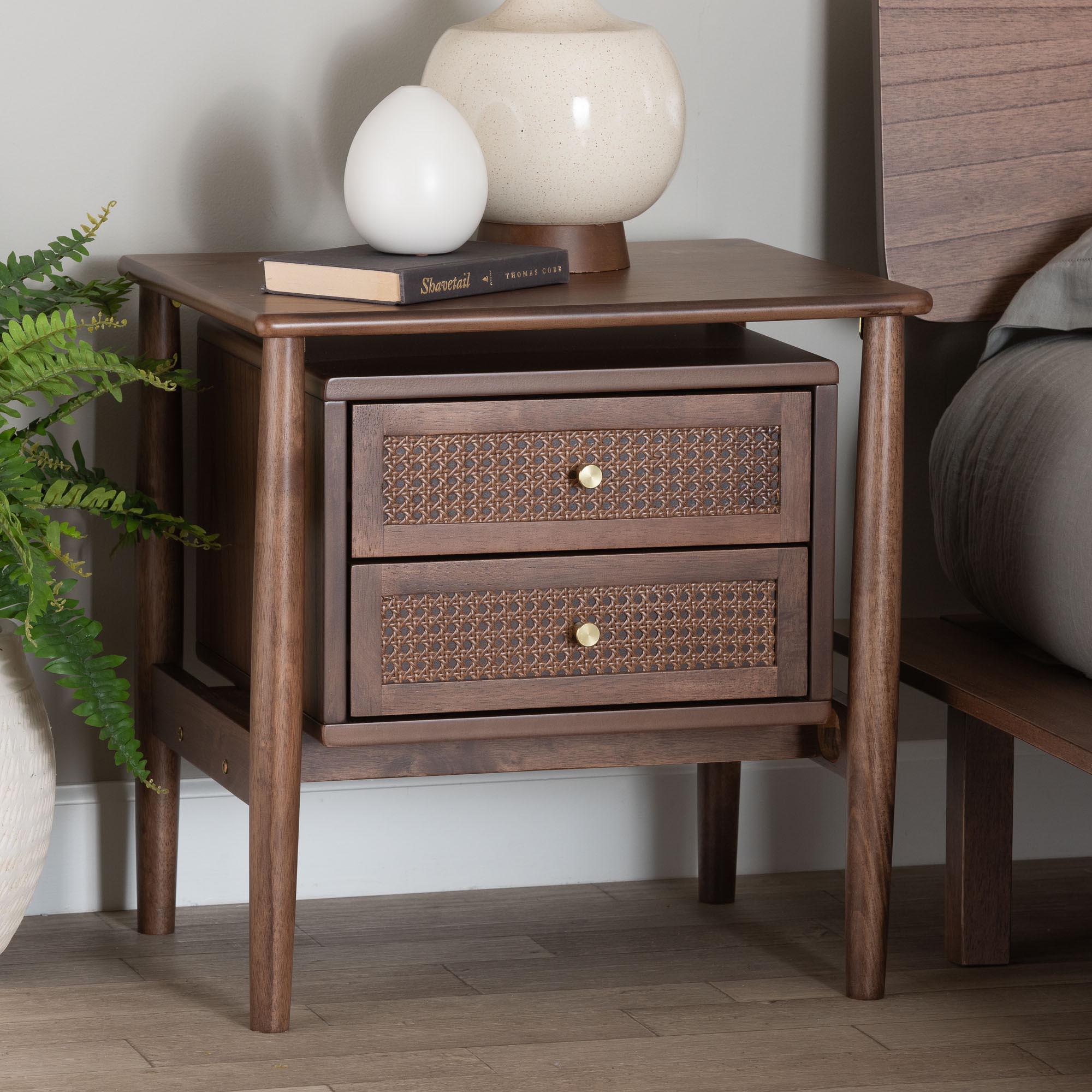 Alyssa Japandi Wood 2-Drawer Nightstand Woven with Rattan