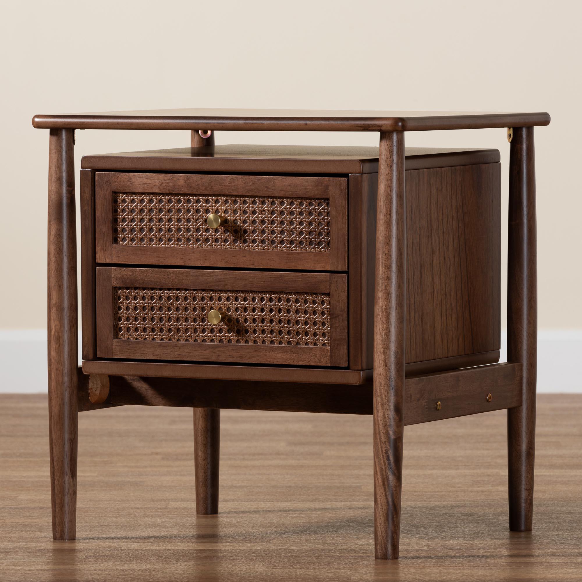 Alyssa Japandi Wood 2-Drawer Nightstand Woven with Rattan