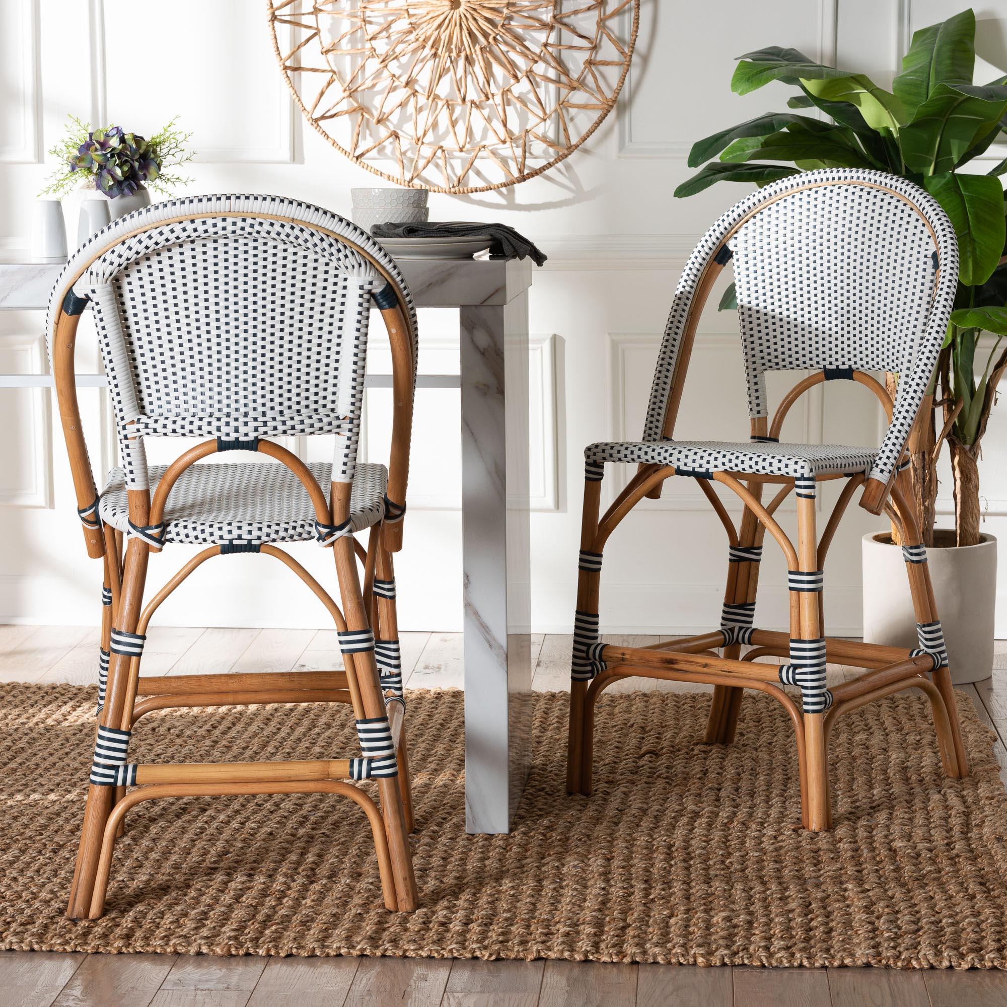 bali & pari Genica Classic French Two-Tone and Weaving and Rattan 2-Piece Counter Stool Set