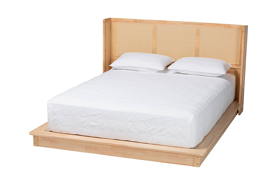 Glennis Japandi Wood Platform Bed with Woven Rattan
