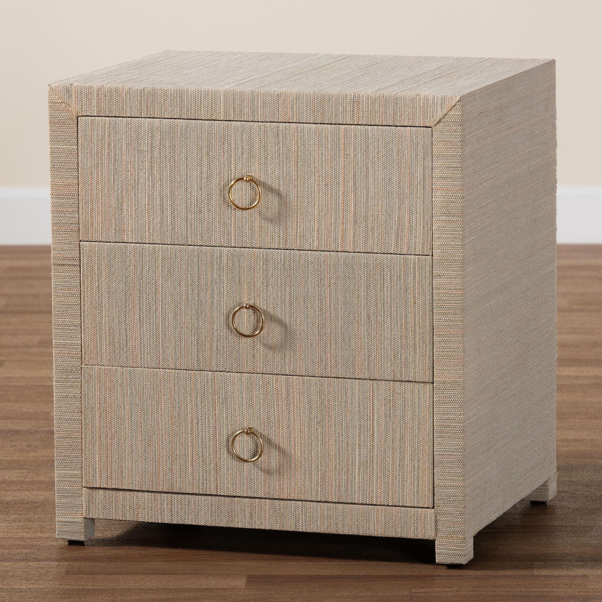bali & pari Quinn Bohemian Woven Grasscloth 3-Drawer Nightstand