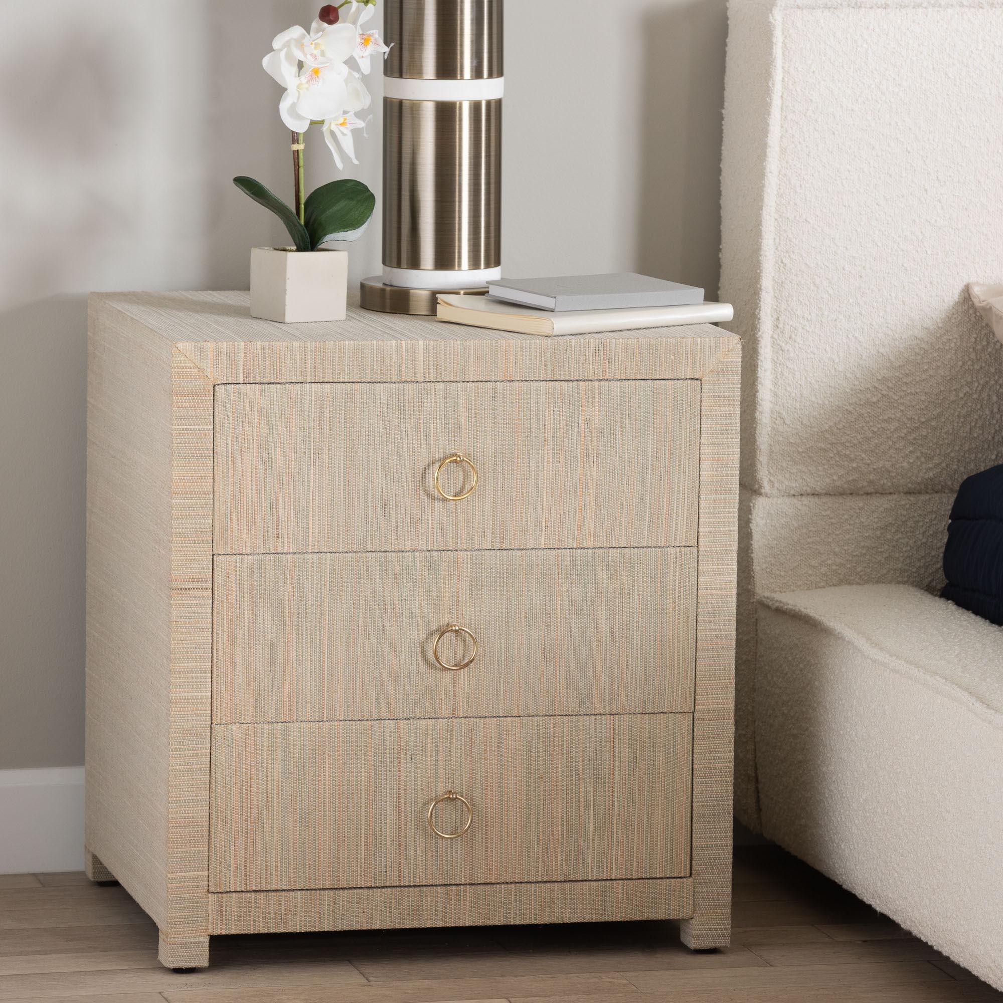 bali & pari Quinn Bohemian Woven Grasscloth 3-Drawer Nightstand