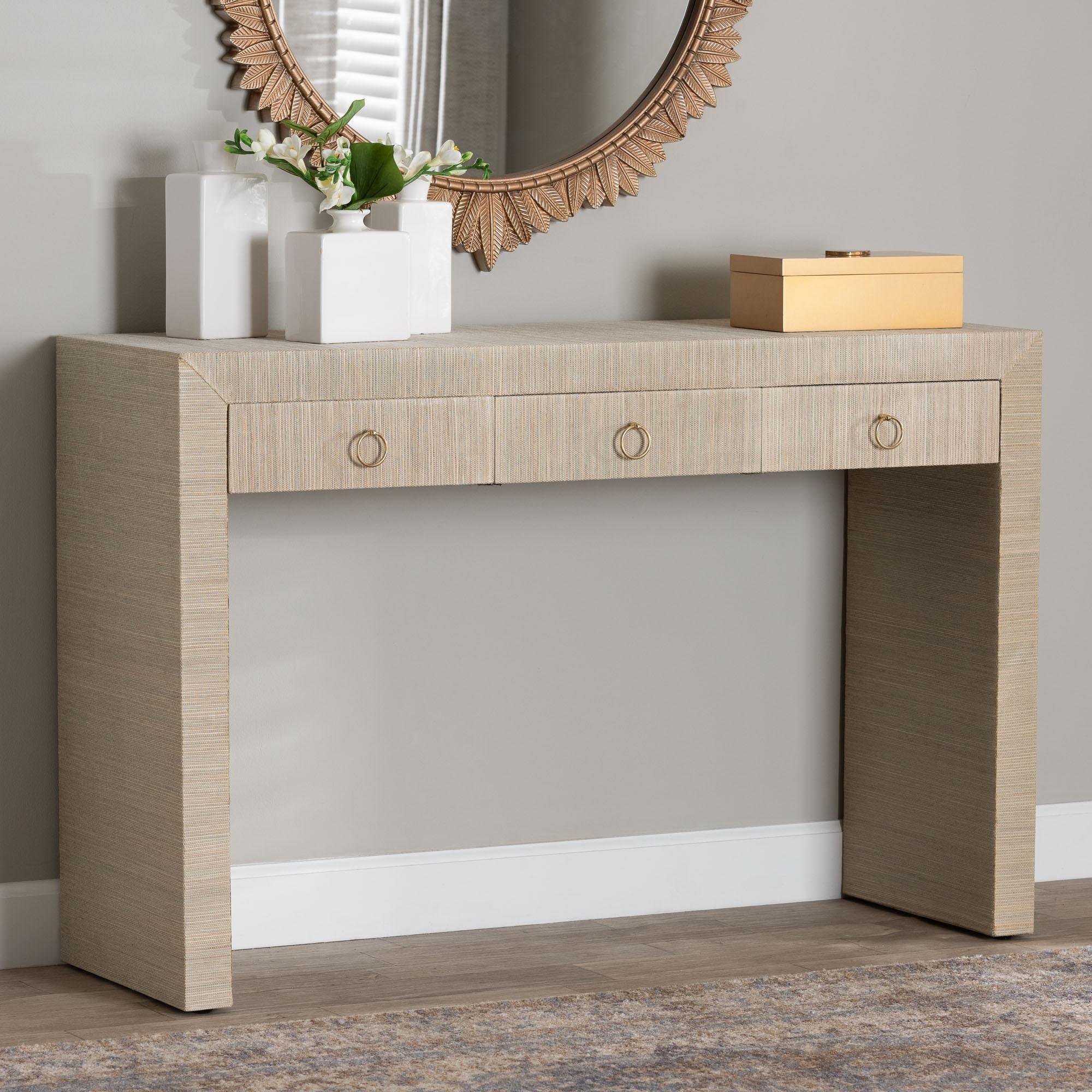 bali & pari Cielo Bohemian Woven Grasscloth 3-Drawer Console Table