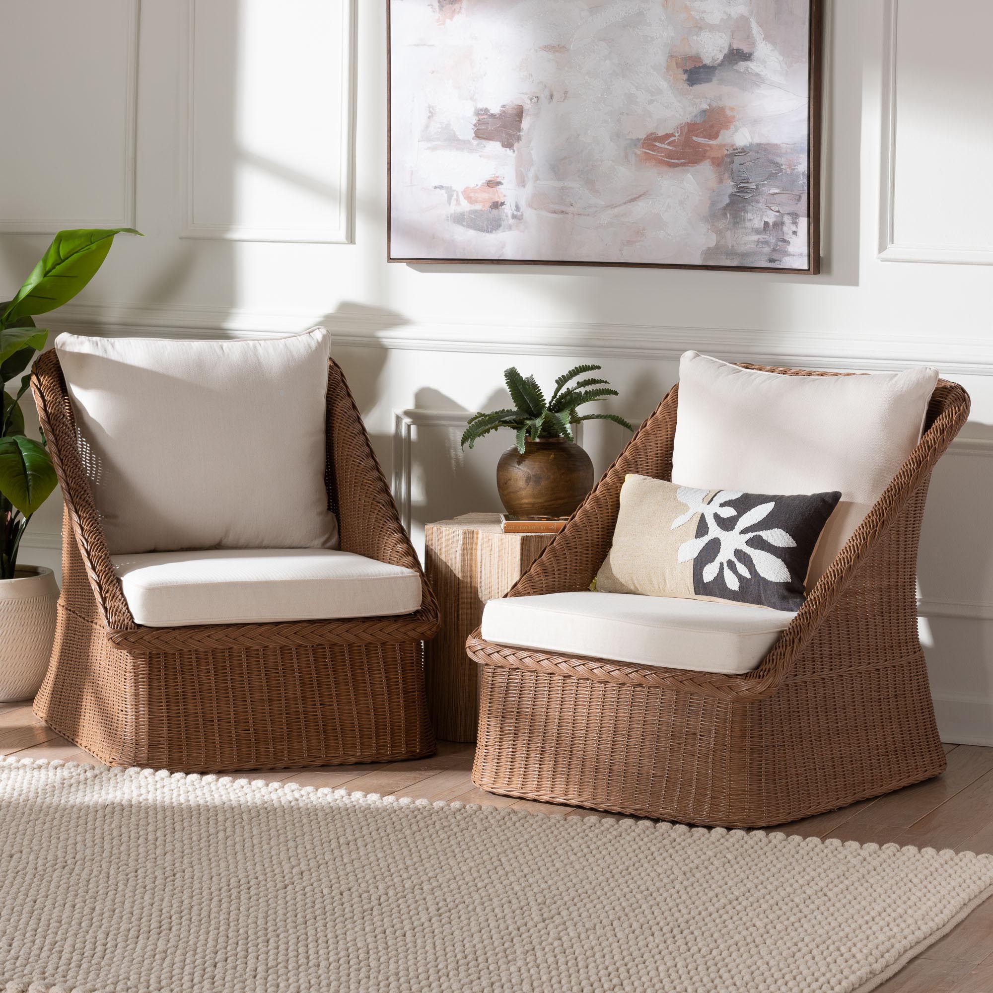 Bali & Pari Derris Bohemian Peanut Braided Rattan 2-Piece Arm Chair Set
