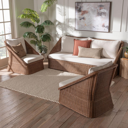 Bali & Pari Derris Bohemian Peanut Braided Rattan 3-Piece Living Room Set