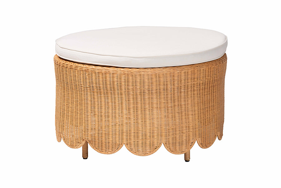 Bali & Pari Teresa Bohemian Light Honey Scalloped Rattan Ottoman