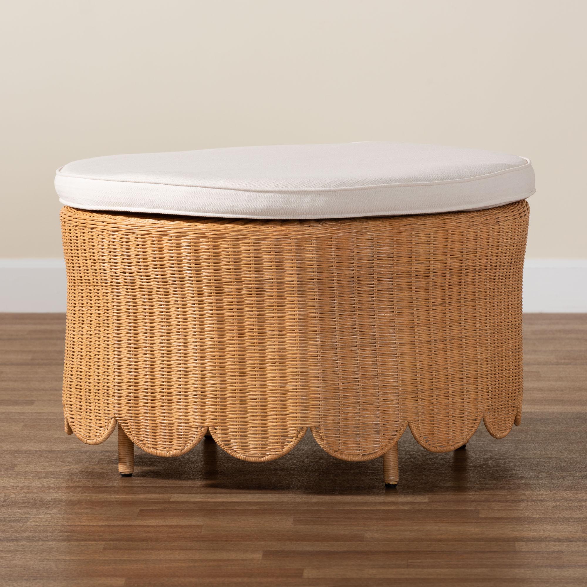Bali & Pari Teresa Bohemian Light Honey Scalloped Rattan Ottoman