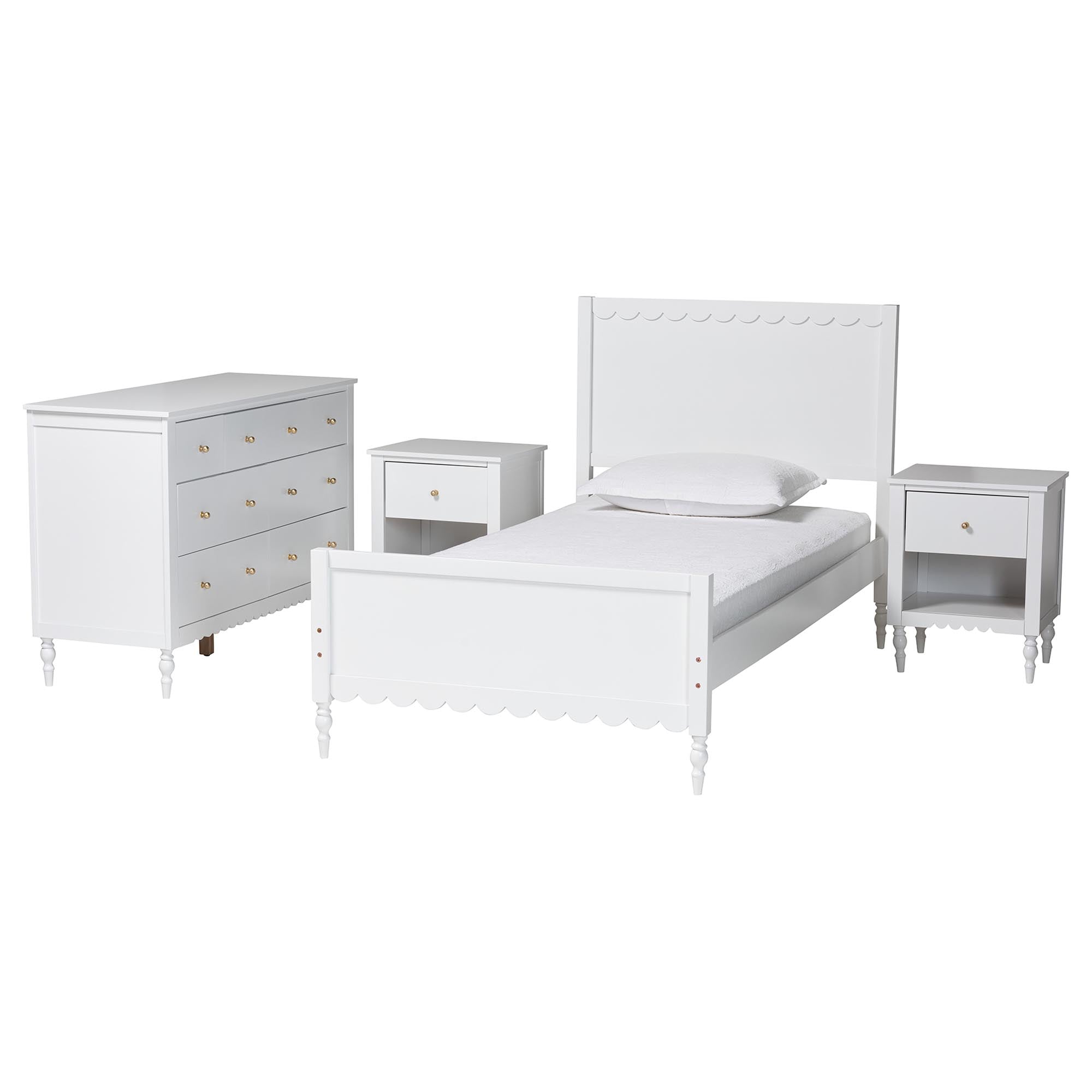 Roni Modern Scalloped Wood 4-Piece Bedroom Set with Two Nightstands