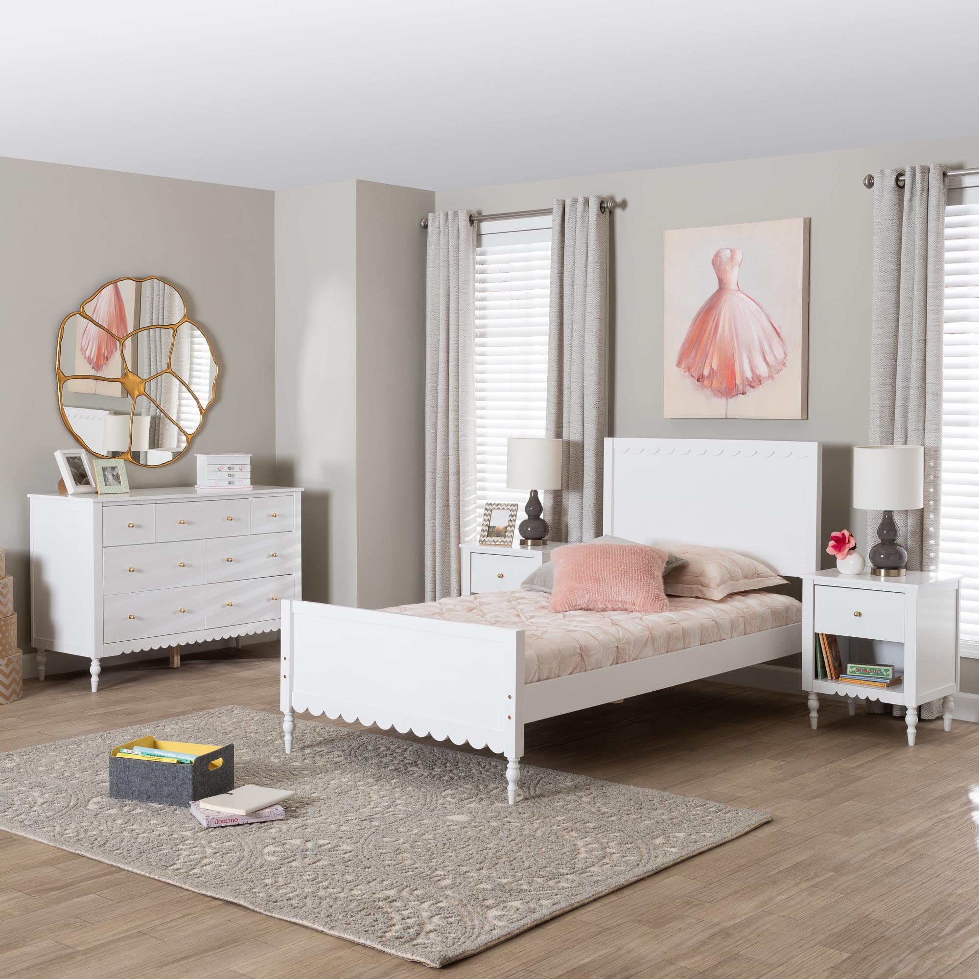 Roni Modern Scalloped Wood 4-Piece Bedroom Set with Two Nightstands