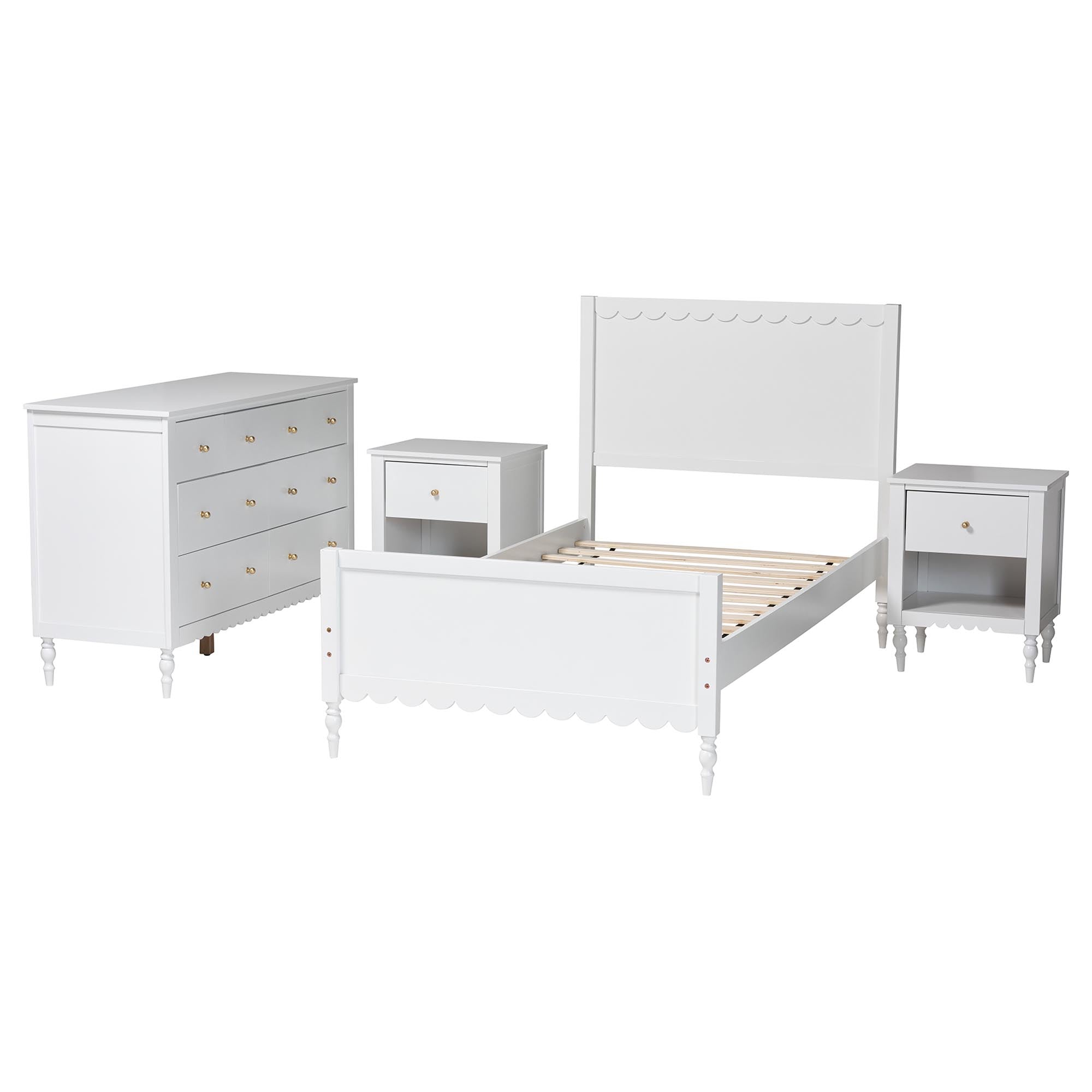Roni Modern Scalloped Wood 4-Piece Bedroom Set with Two Nightstands