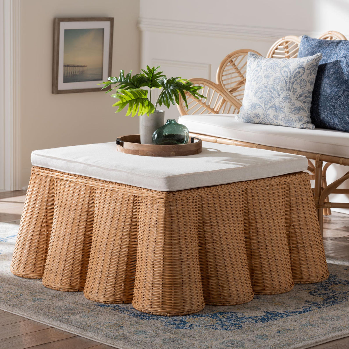 Bali & Pari Palm Scallop Rattan Ottoman